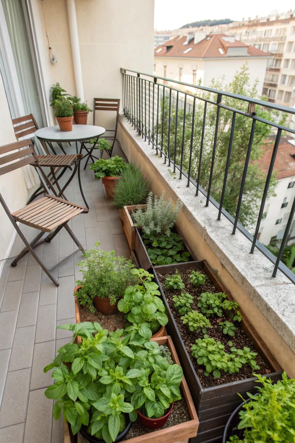 A mini herb garden adds practicality and freshness.
