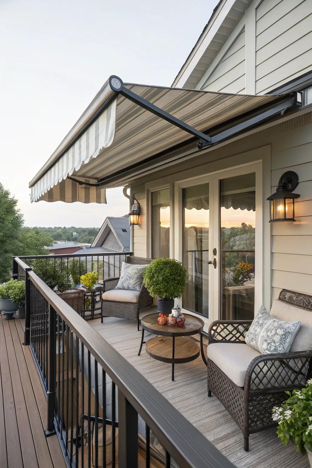 Awnings keep the balcony cozy in any weather.