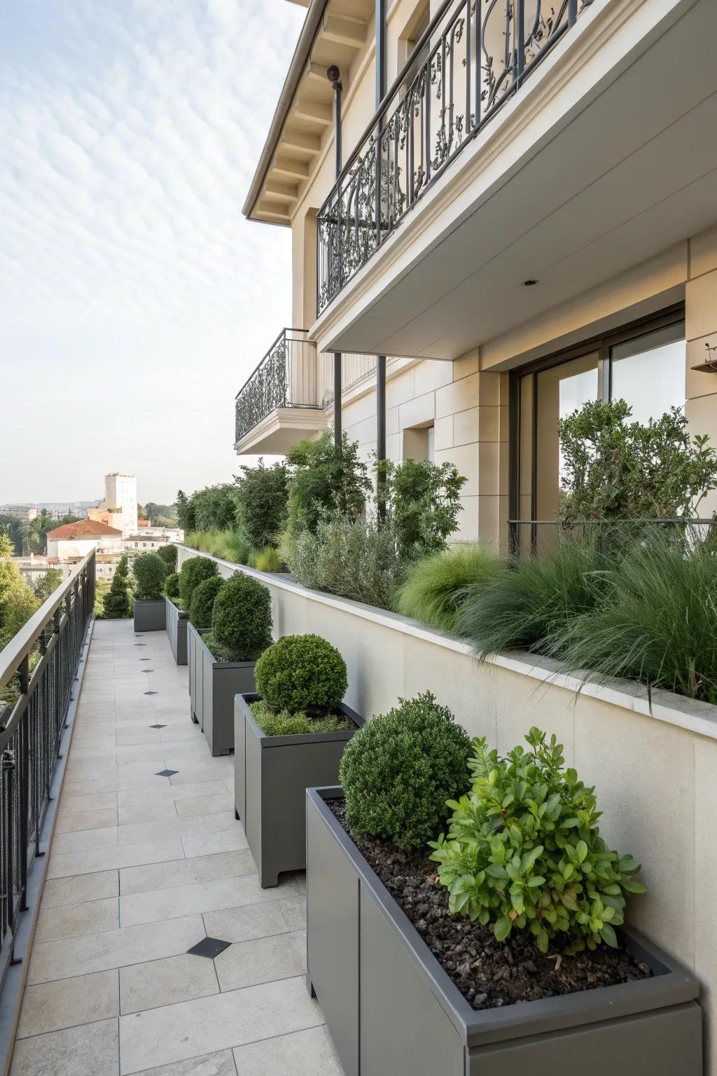 Built-in planters create a seamless integration of greenery.