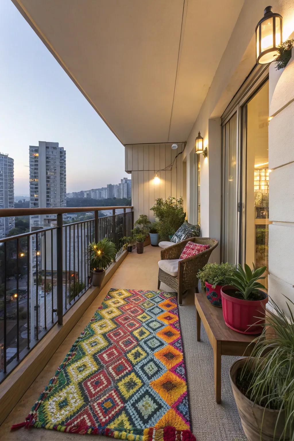 Outdoor rugs add warmth and style to your balcony, especially with the right lighting.