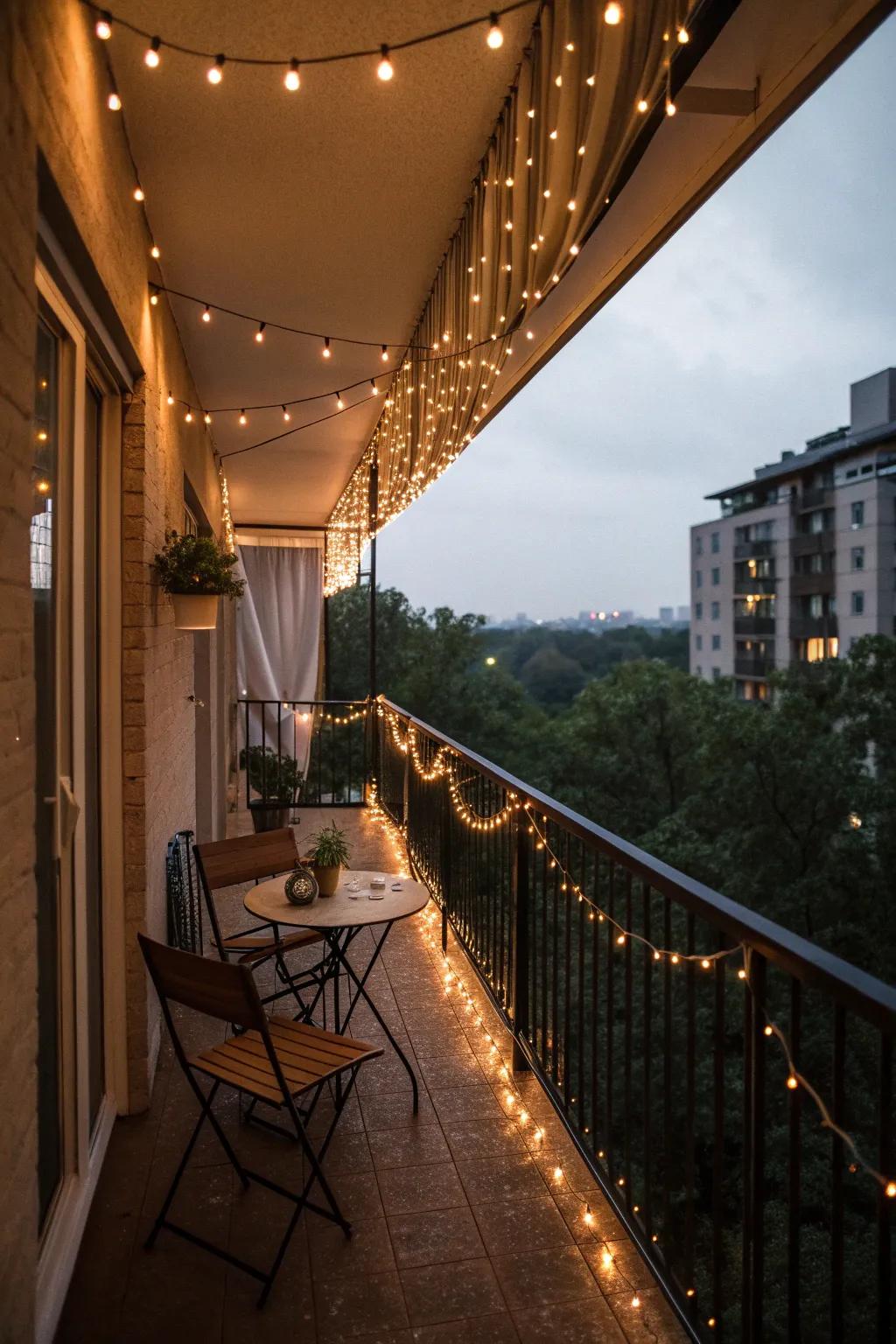 String lights add a starry twinkle to your balcony, making it a cozy retreat.