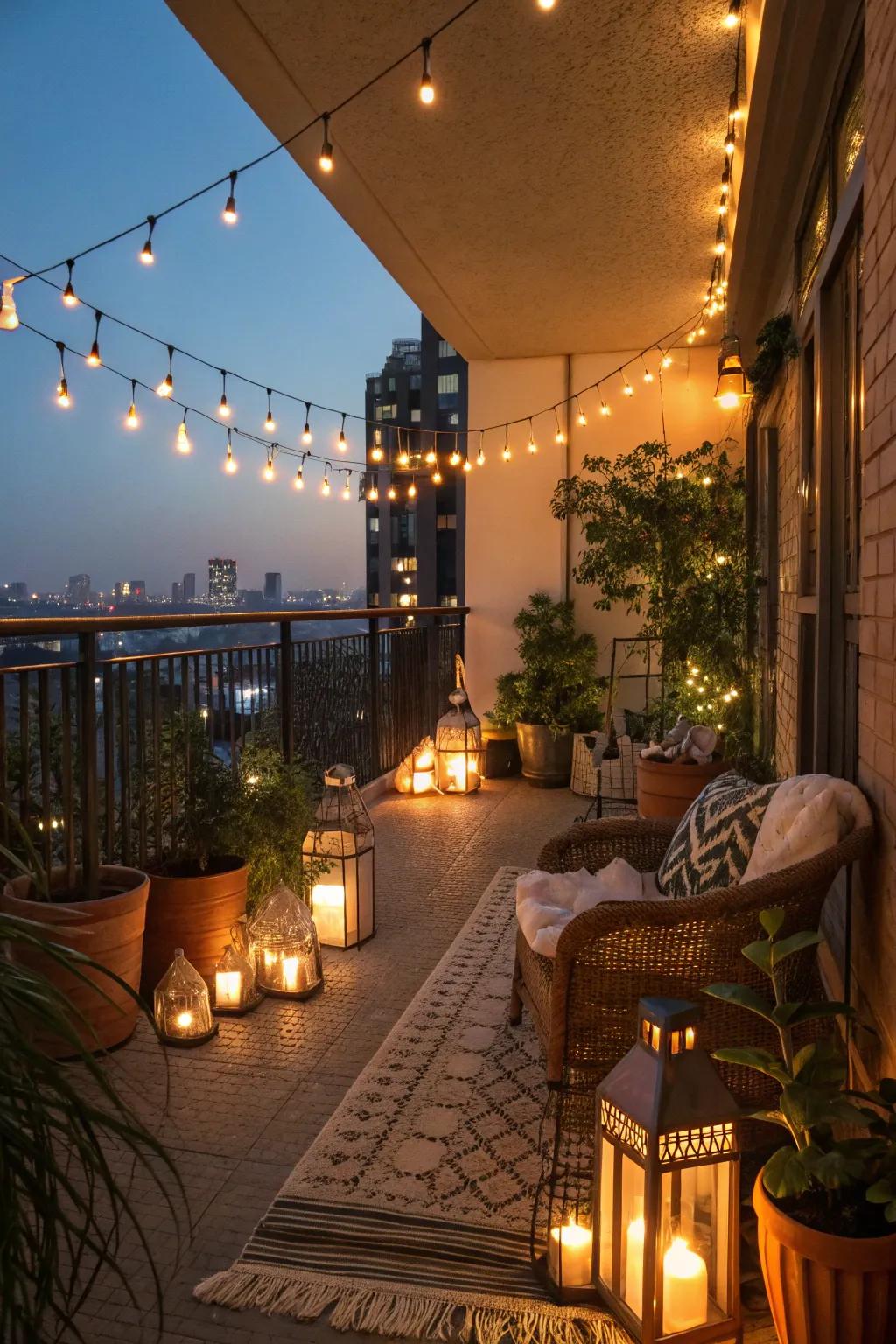 A mix of light sources creates depth and keeps your balcony intriguing.