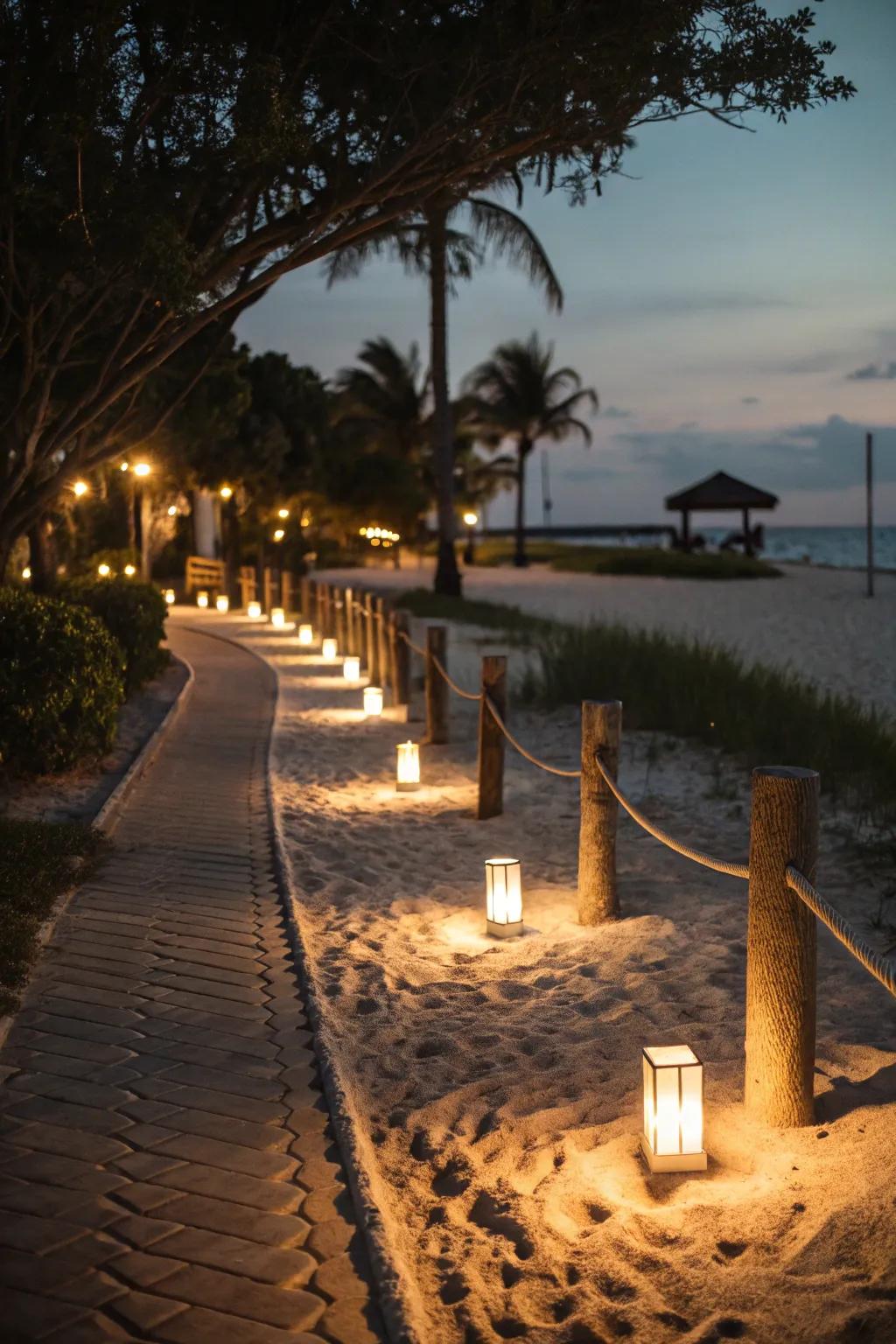 A softly lit path for enchanting beachside nights.