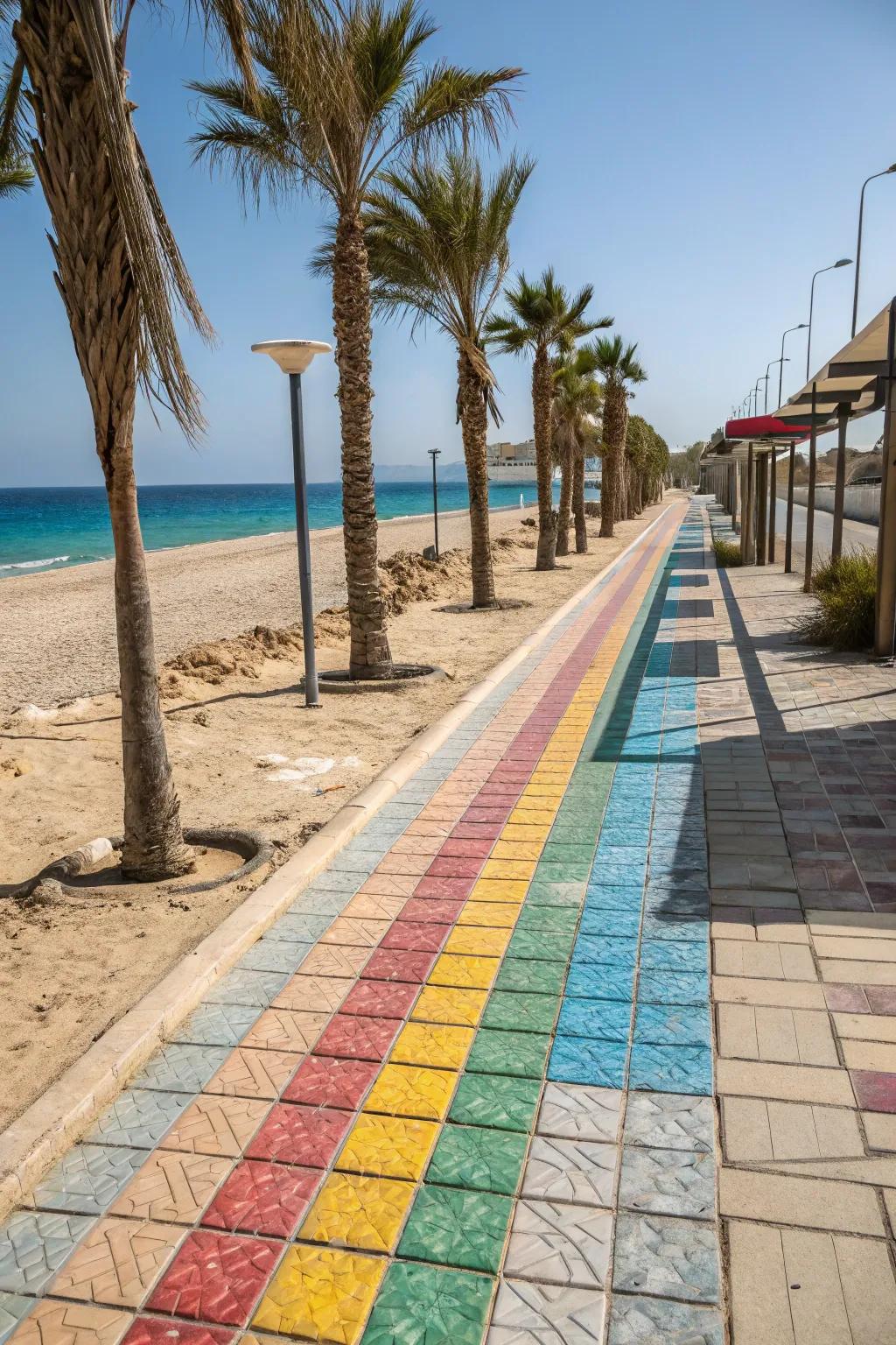 Bright tile accents enliven the beach path.