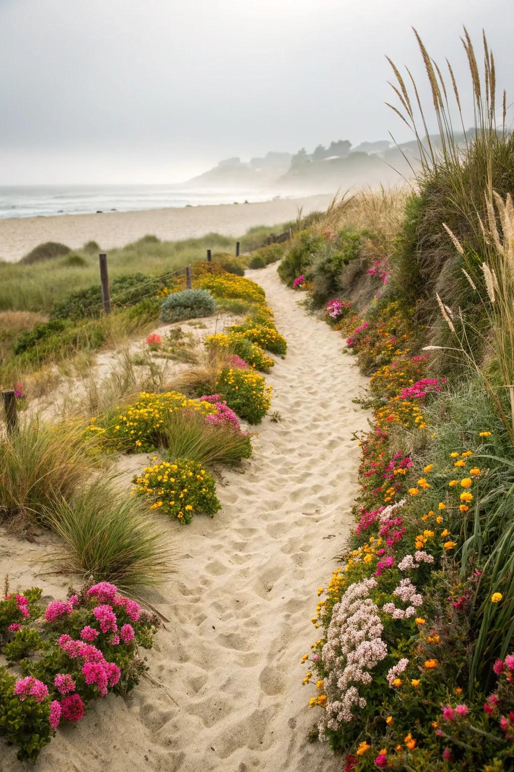 A vibrant garden path leading to the sea.