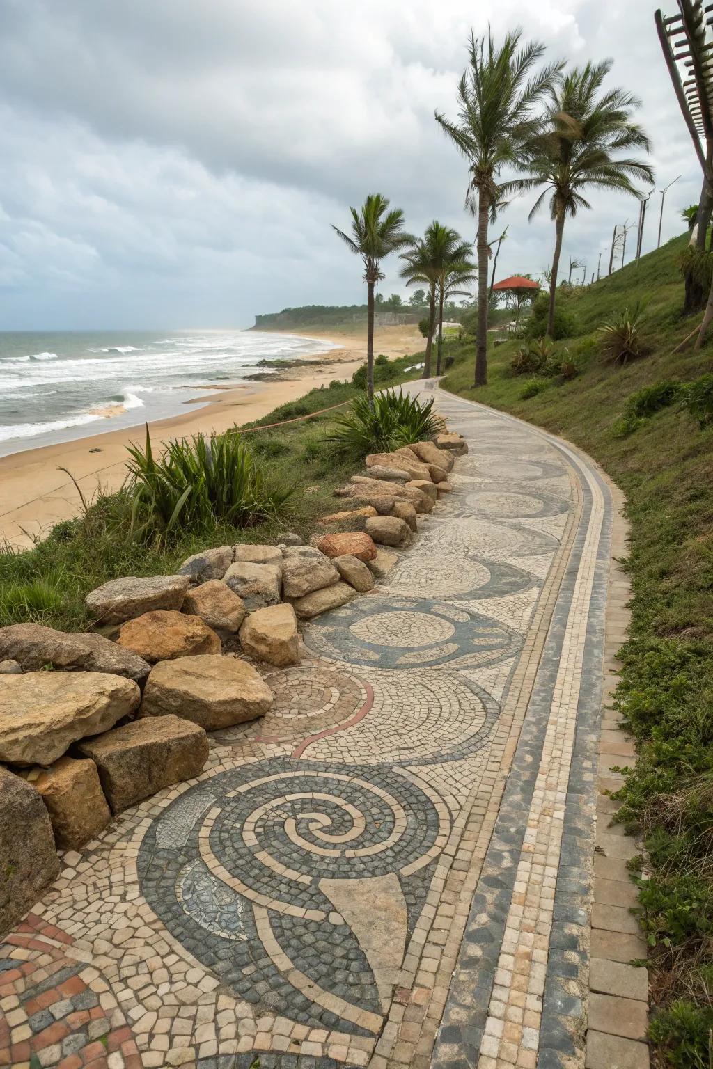 Artistic stone mosaics add personality to the path.