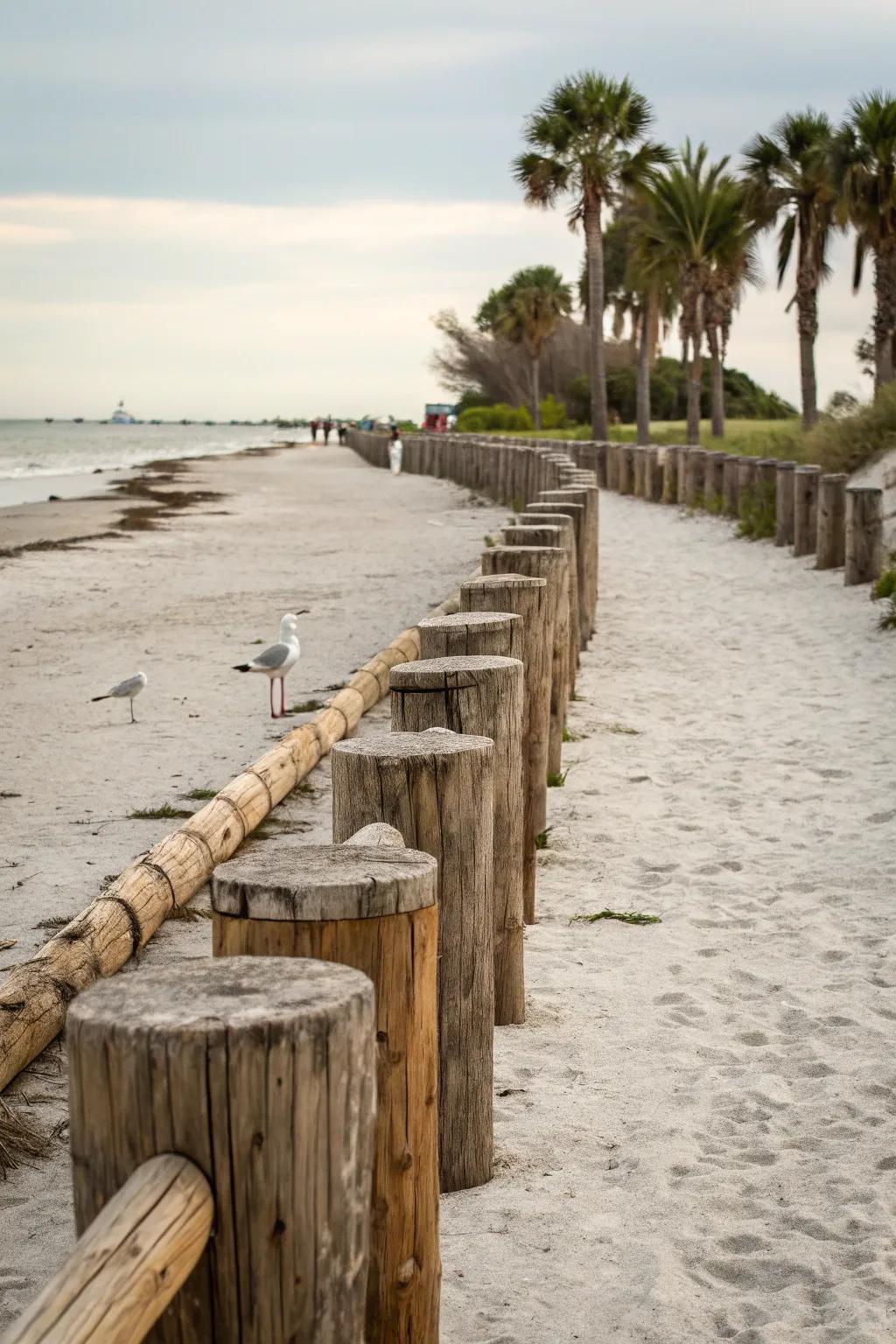 Rustic logs add charm and definition to the beach path.