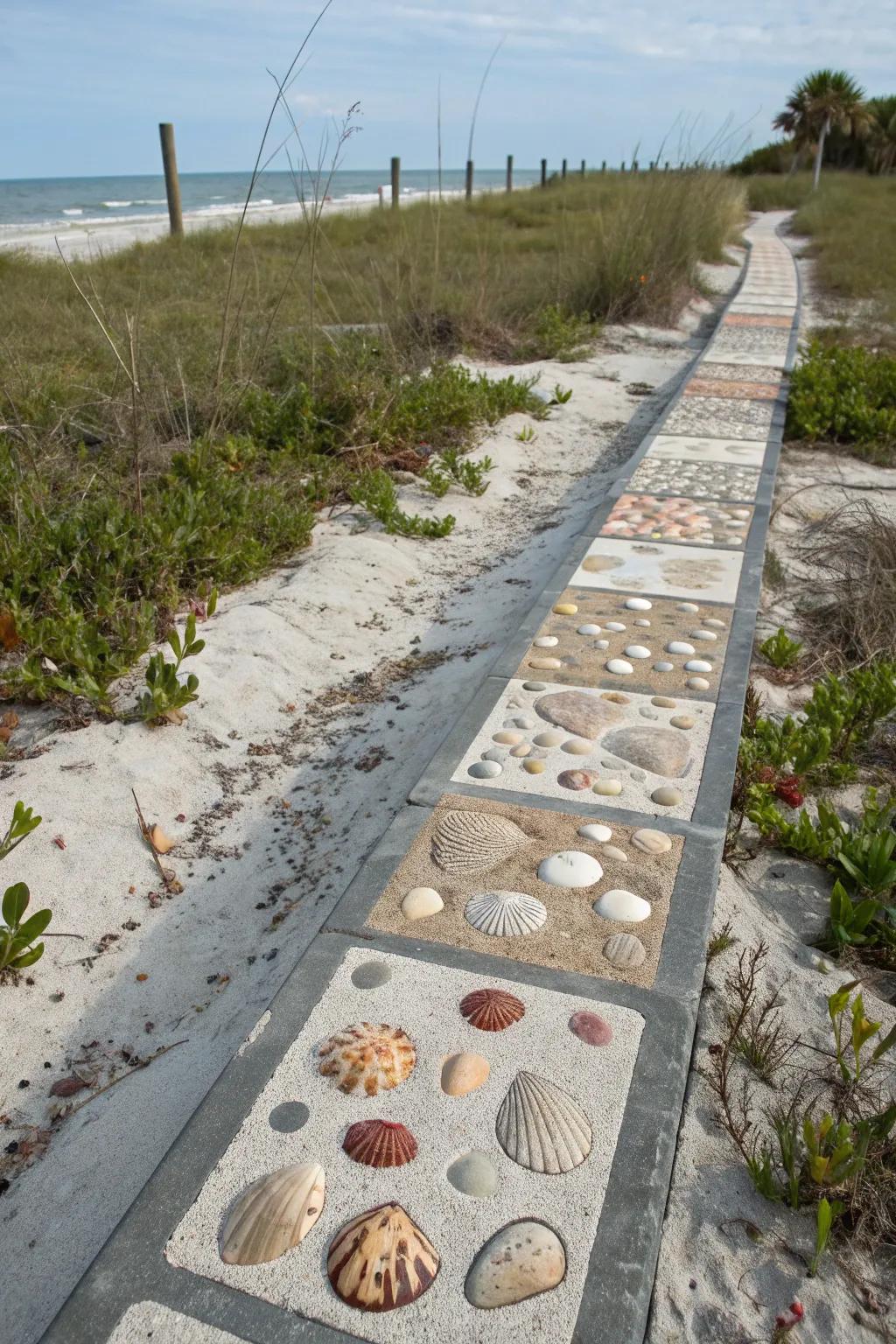Whimsical shells embedded in a seaside path.