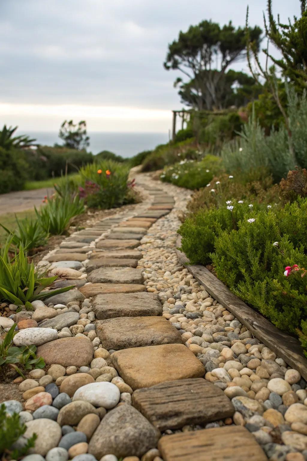 A rustic stone path harmonizing with the coastal environment.