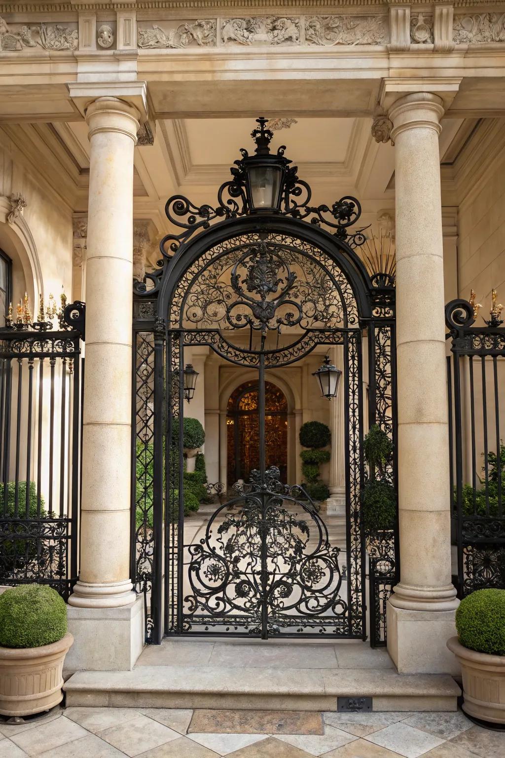 An ornate wrought iron gate introduces elegance to any home.