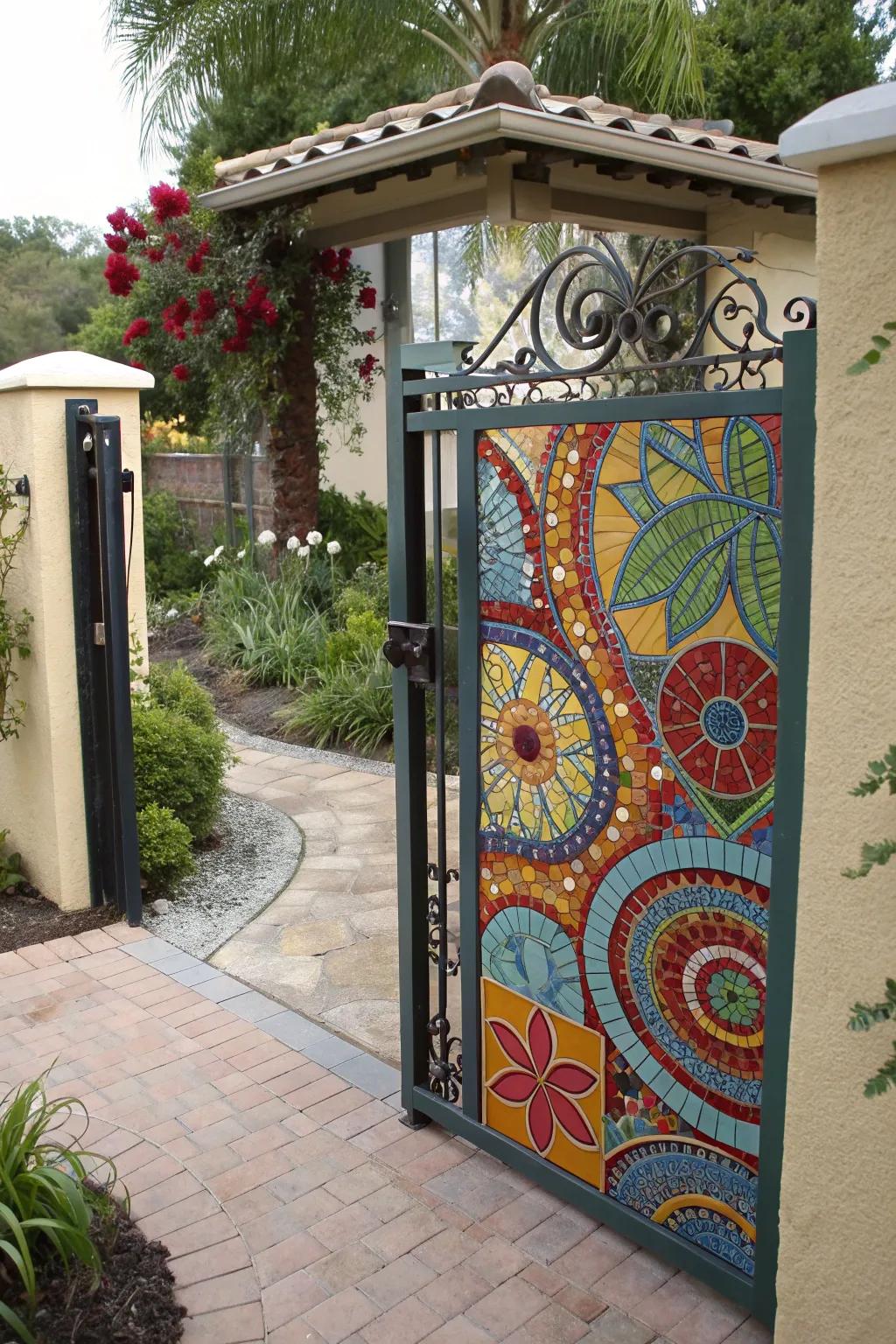 Artistic mosaic gates bring vibrant color and personality to any entrance.