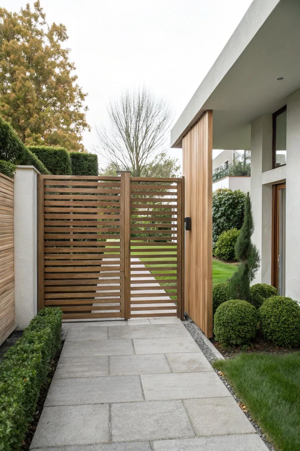 A modern wooden slat gate perfectly complements a minimalist garden.