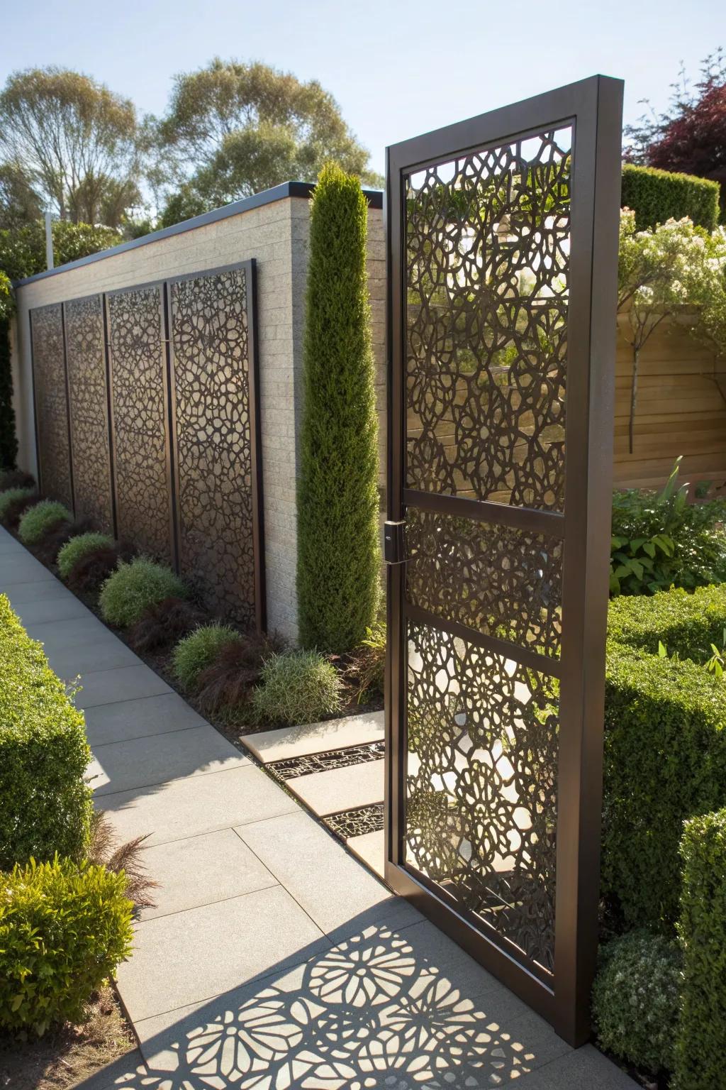 A laser-cut metal gate adds unique artistry and charm.