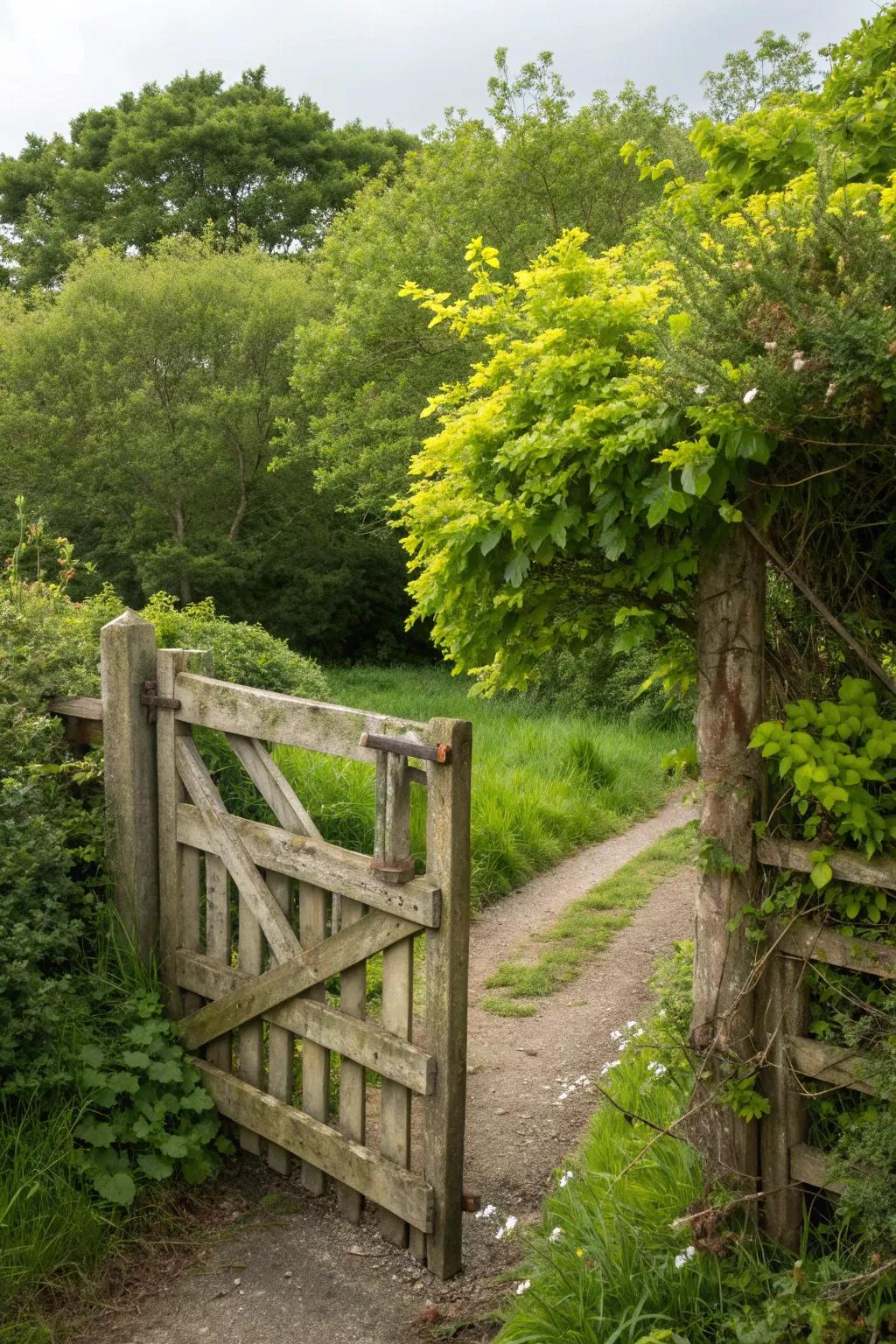 A rustic wooden gate that offers natural charm and blends with greenery.