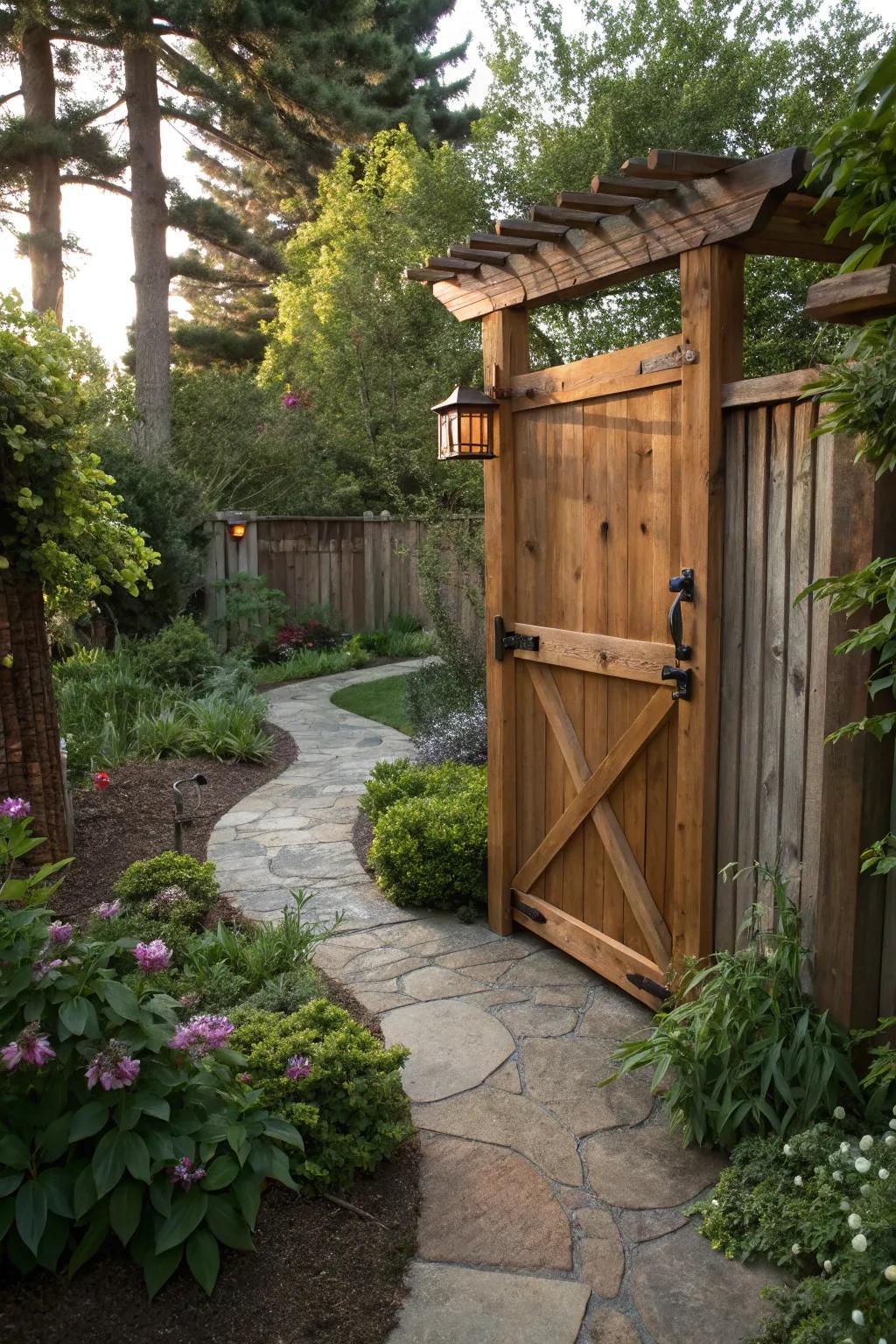 Cedarwood gates offer warmth and timeless appeal.