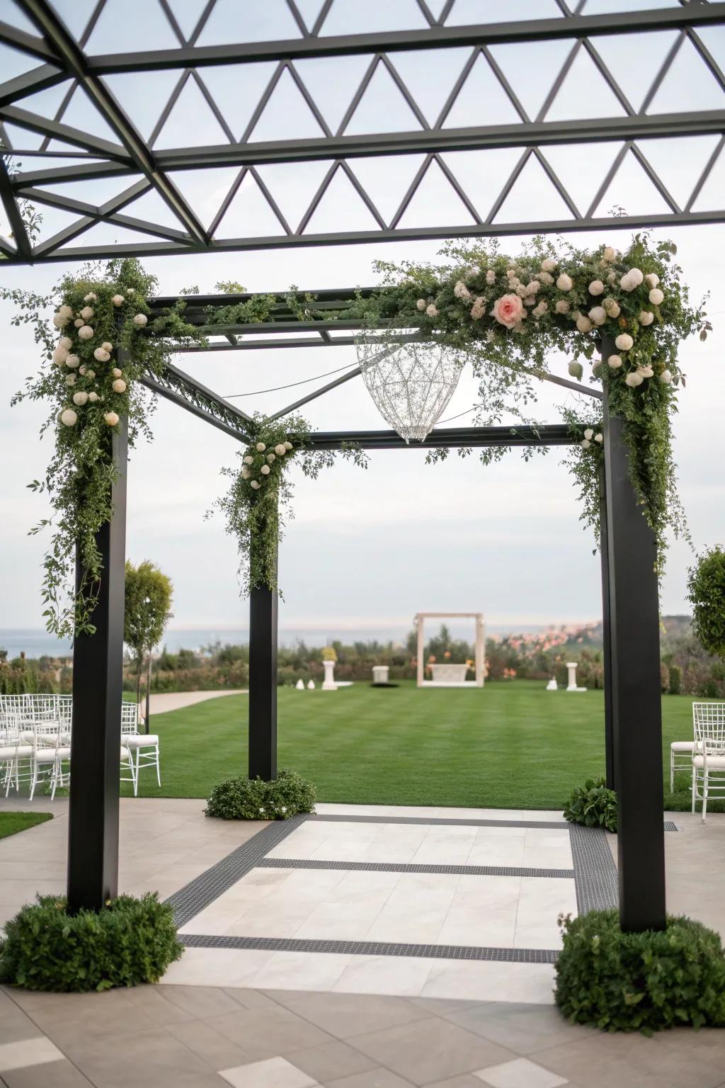 A pergola featuring modern geometric designs.