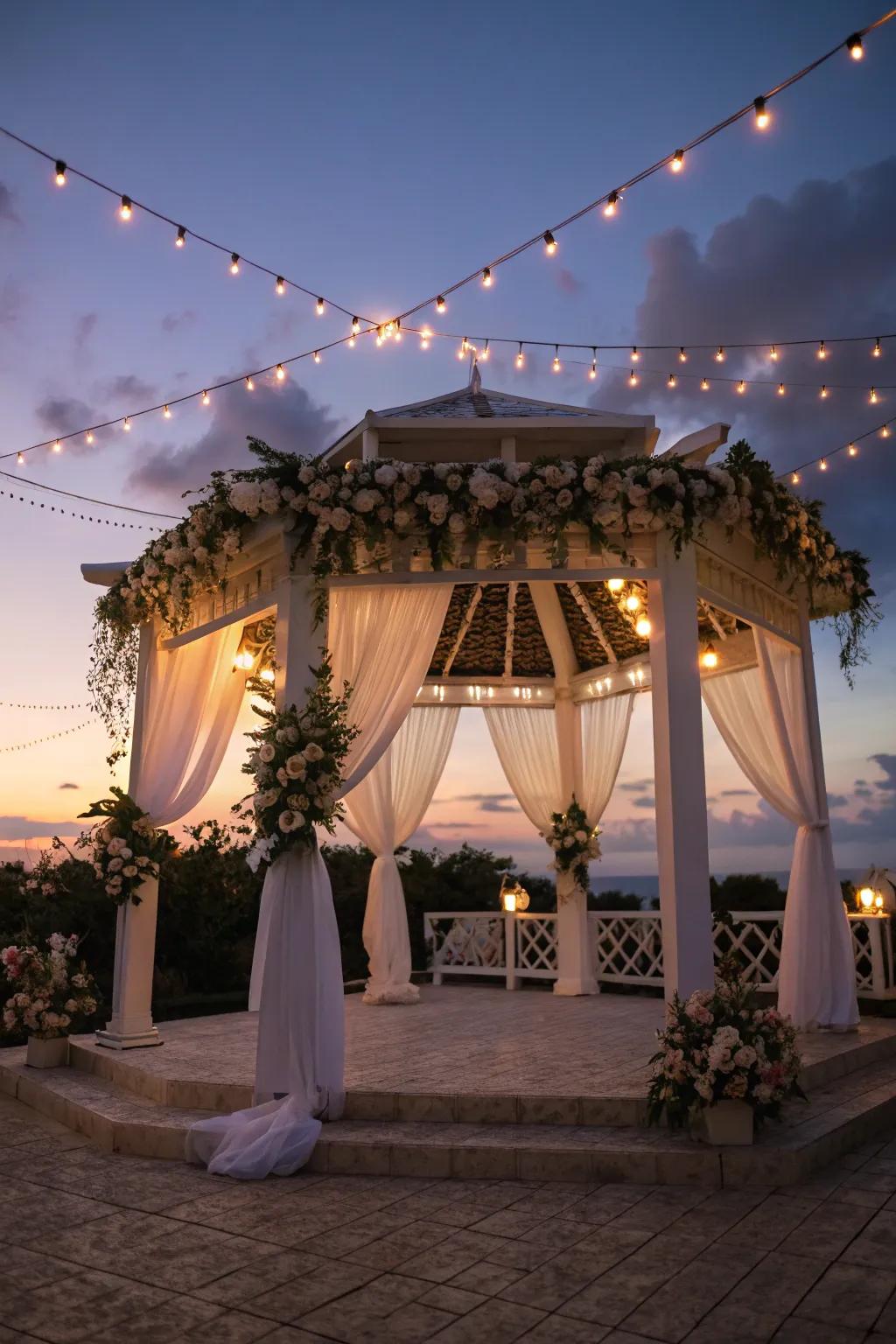A pergola glowing with twinkling string lights.