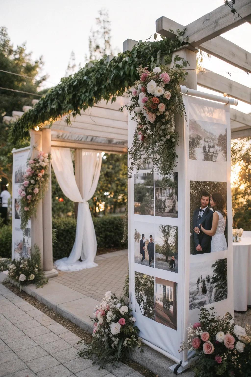 A pergola featuring a personalized photo display.