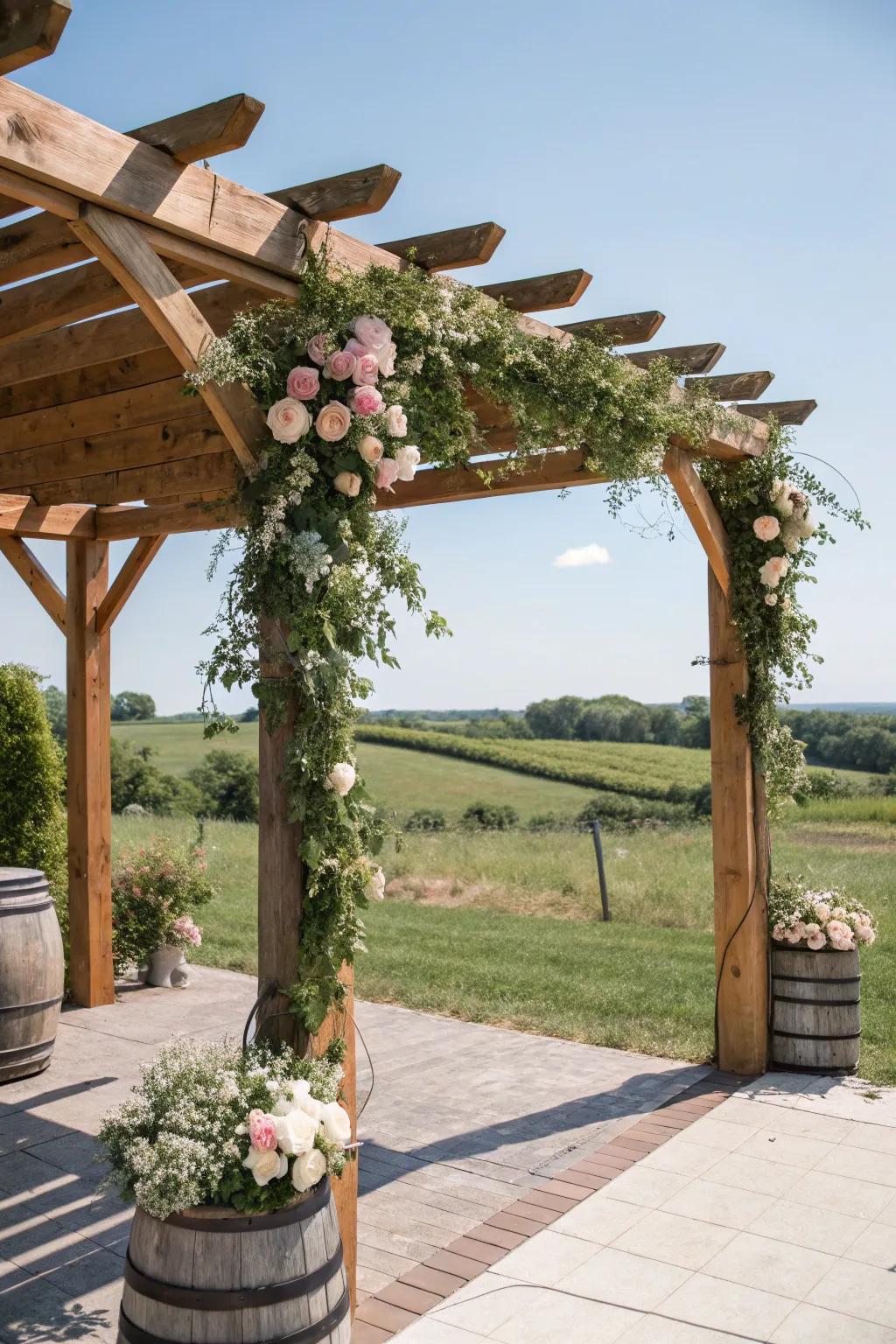 A pergola with rustic wooden accents.