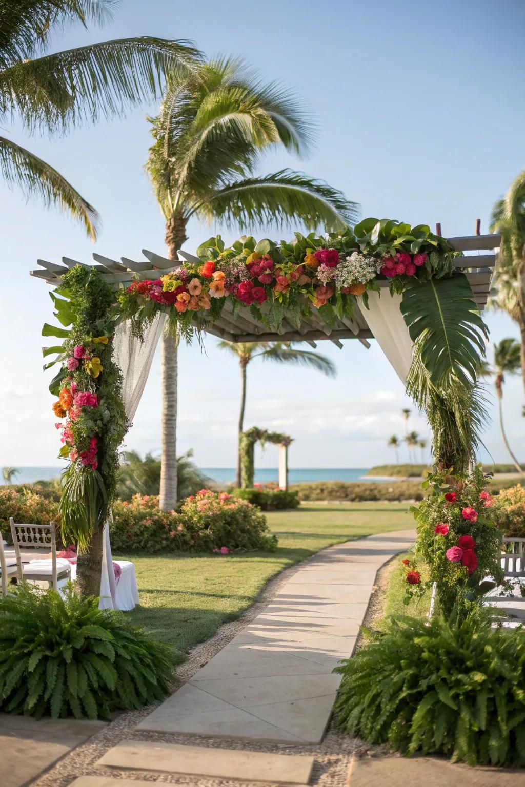 A pergola transformed into a tropical paradise.