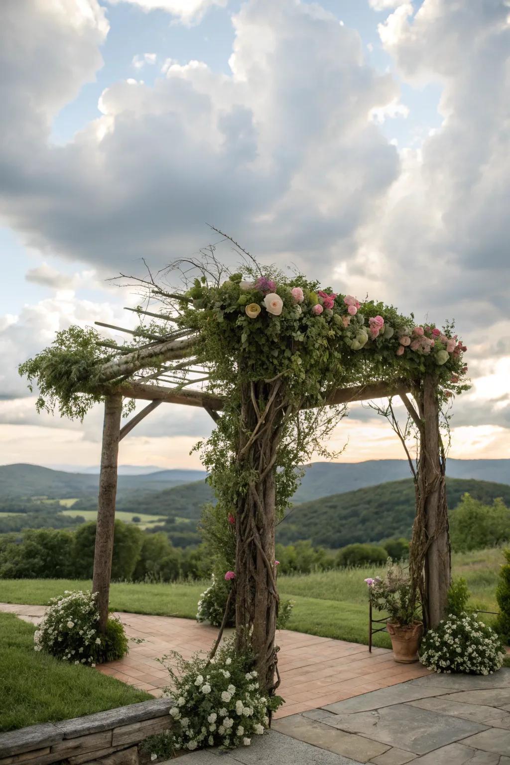 A rustic pergola adorned with natural tree branches.