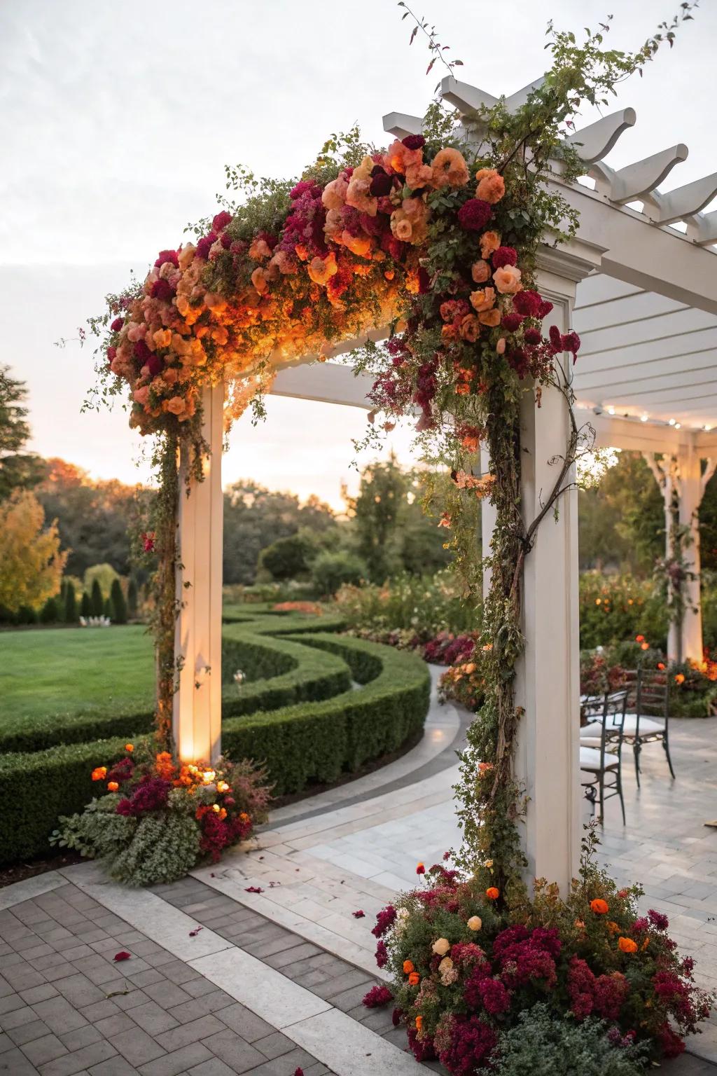 A pergola adorned with fresh seasonal blooms.