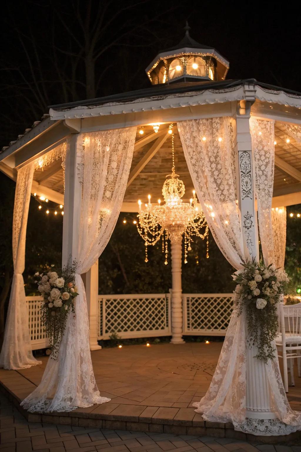 A pergola with vintage decor featuring an antique chandelier.