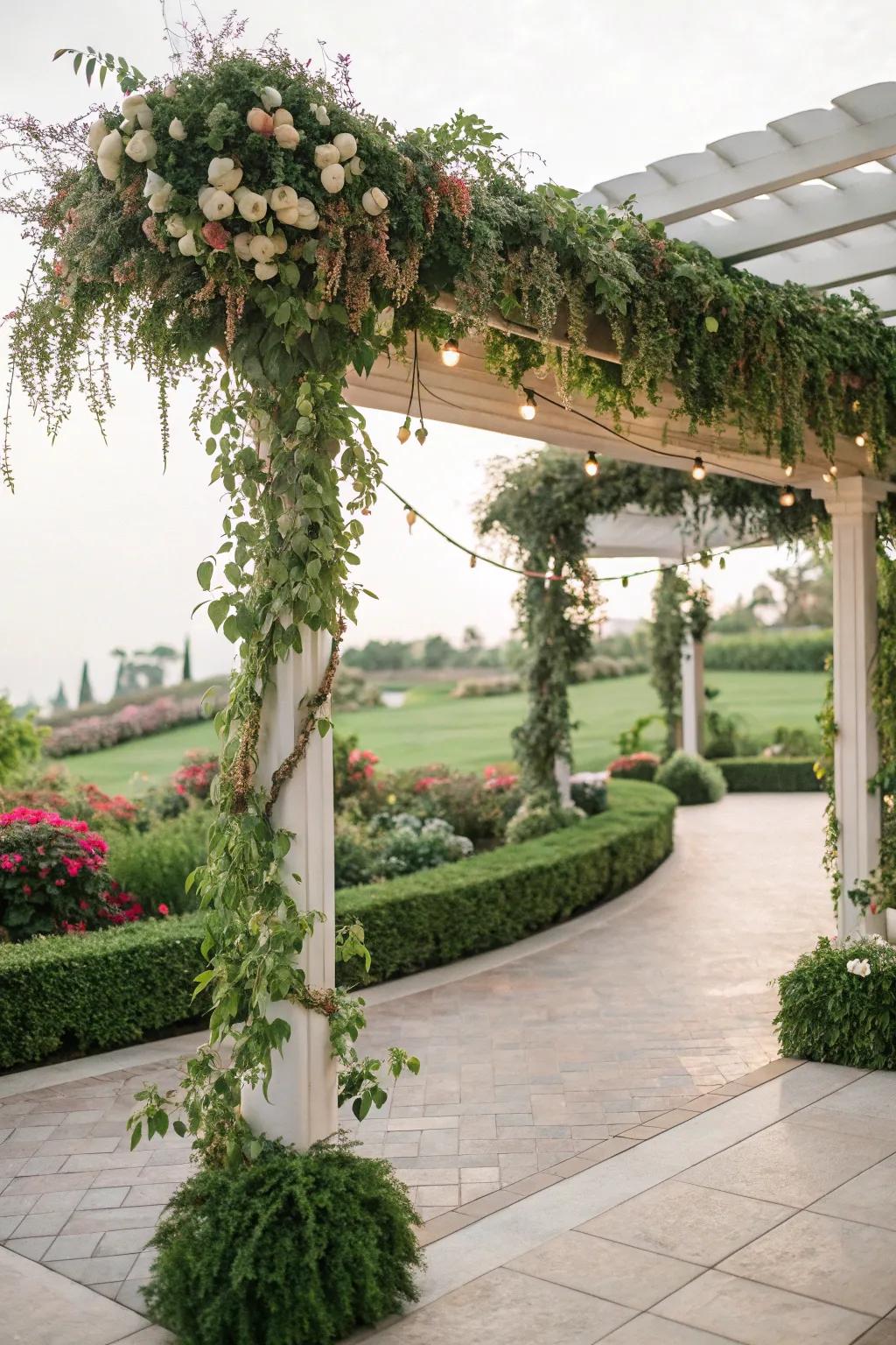 A pergola adorned with sustainable foliage.