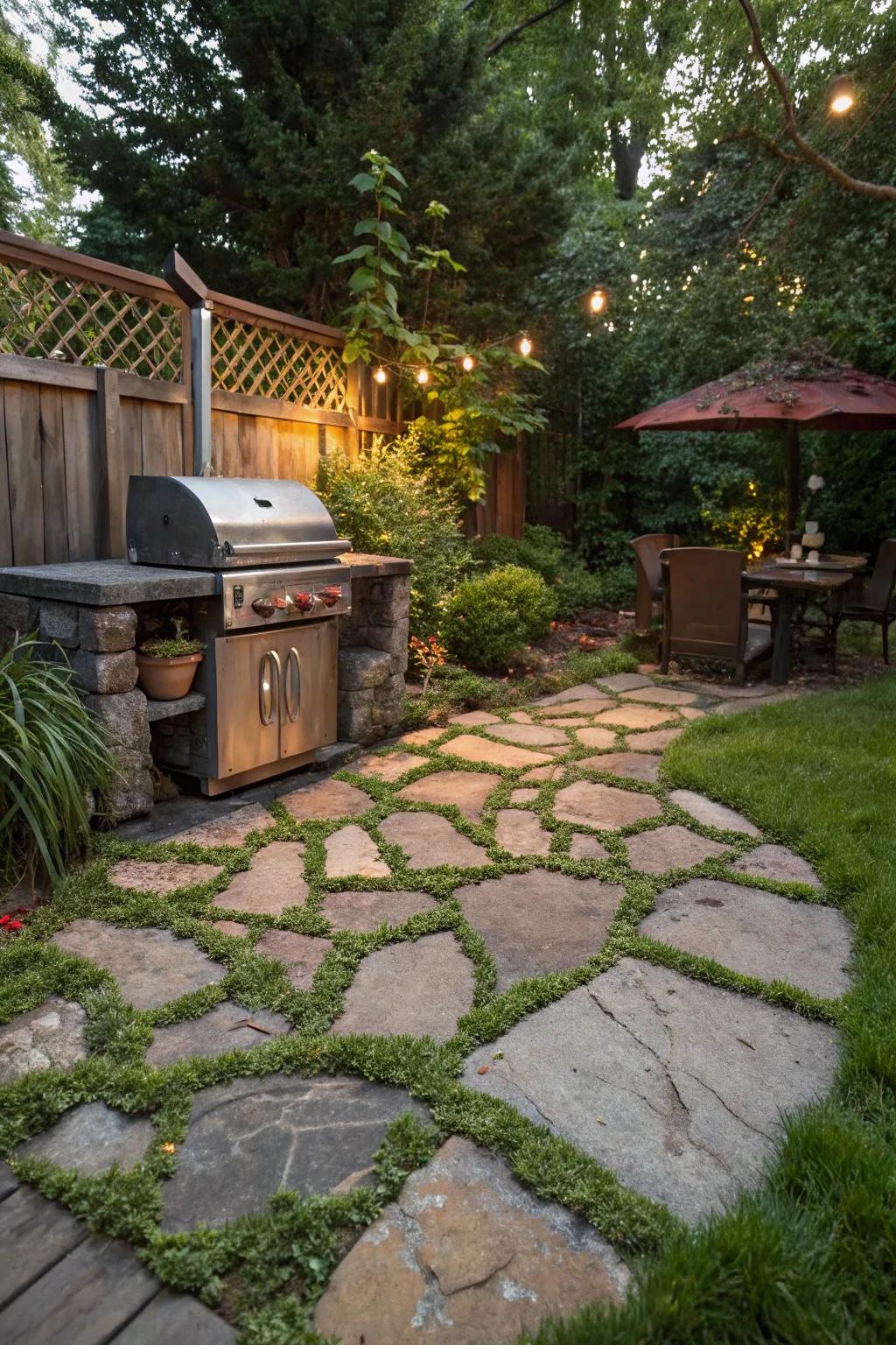 Embrace a natural aesthetic with a rustic flagstone grill pad.