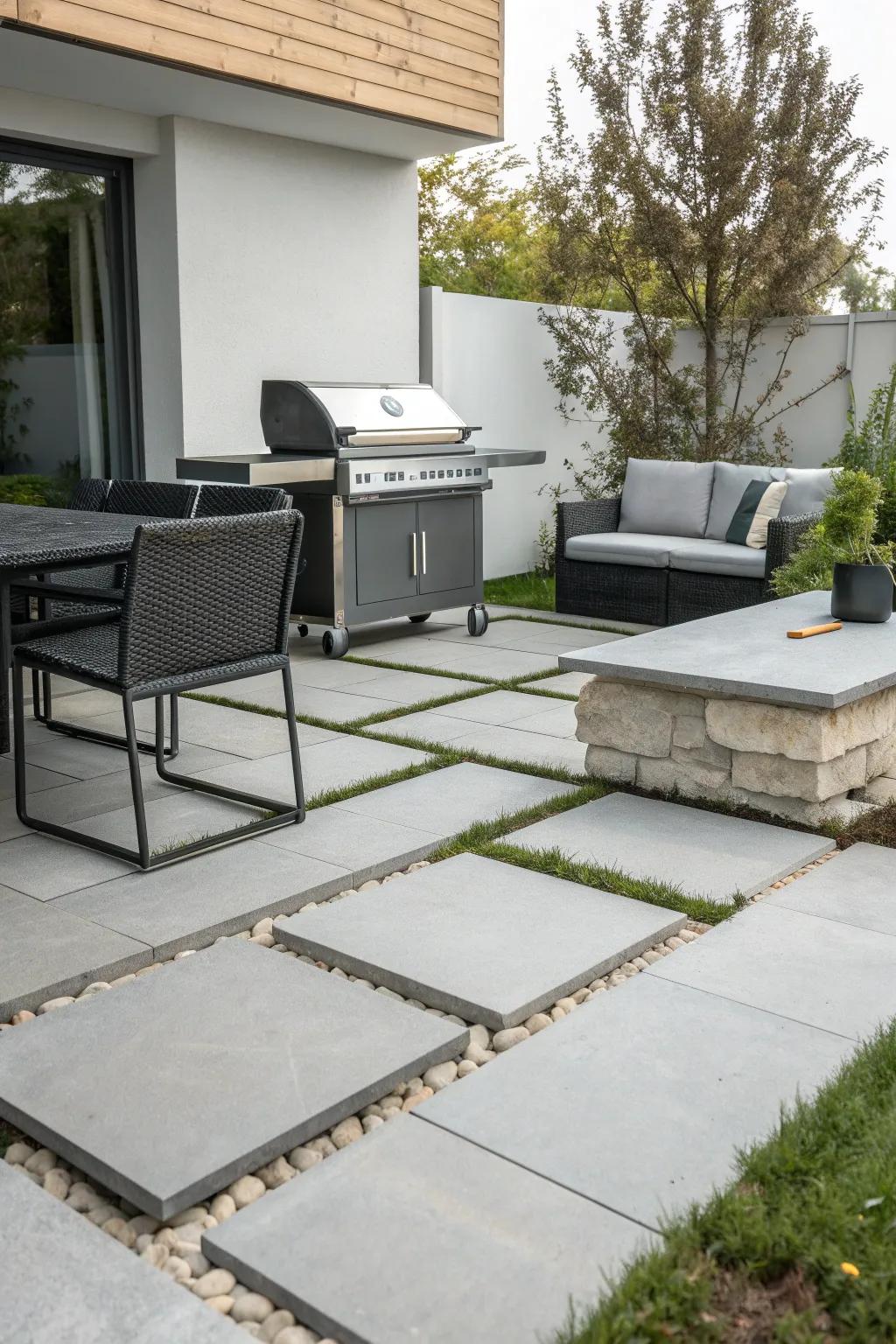 Minimalist stone slabs offer a sleek, modern aesthetic.