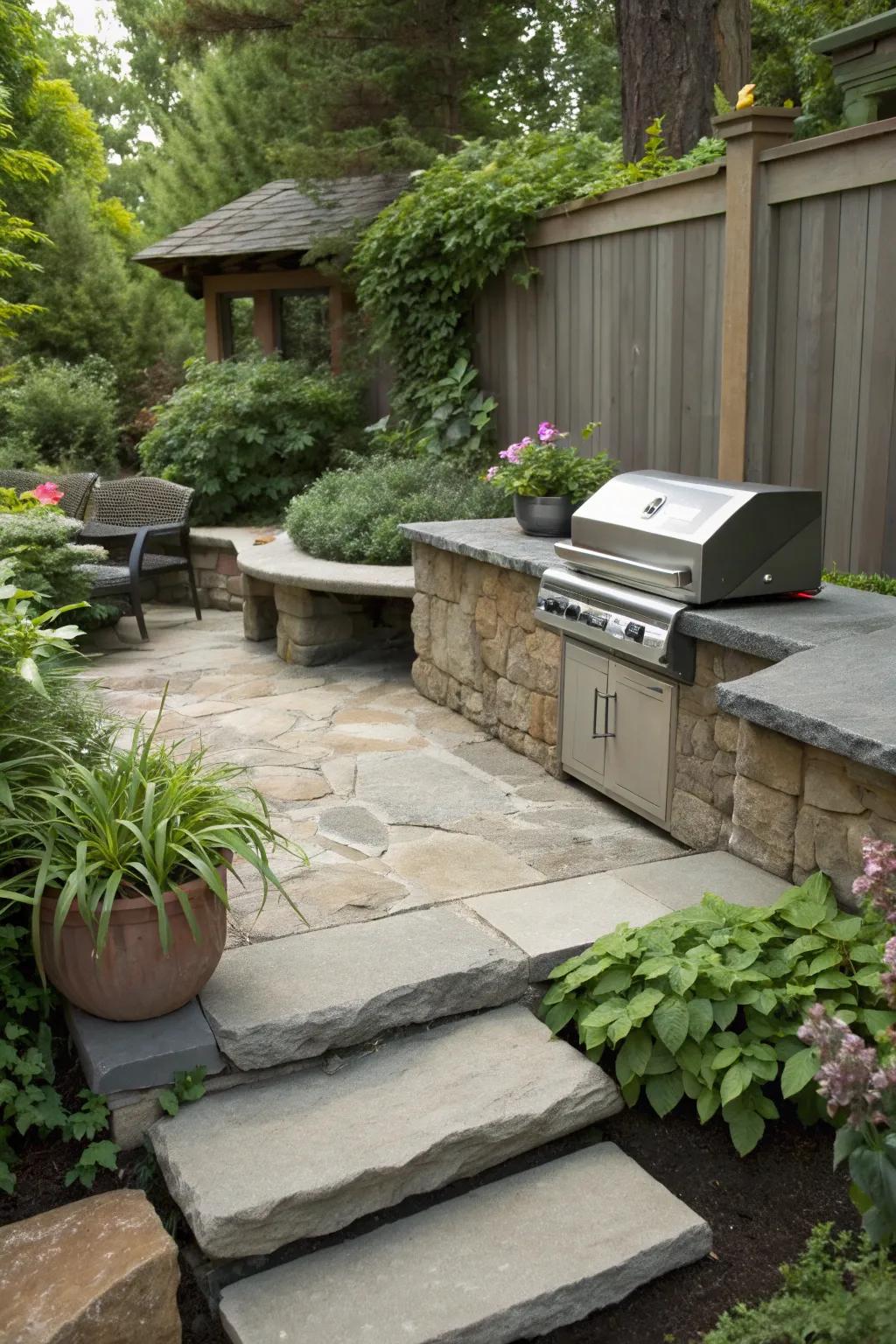 Integrated seating transforms your grill pad into a social hub.