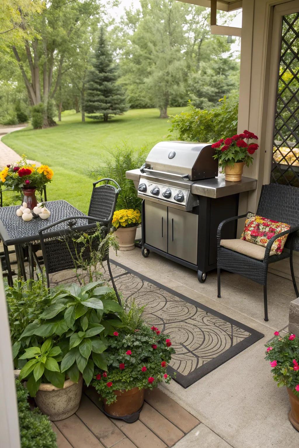 A compact corner grill pad makes the most of limited space.