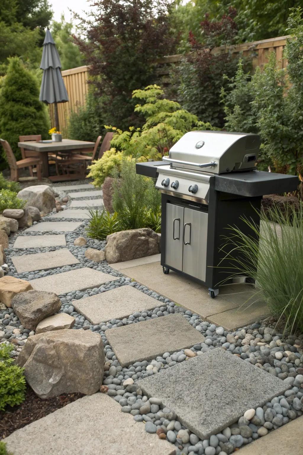 A gravel and stone mix creates a textural and practical grill area.