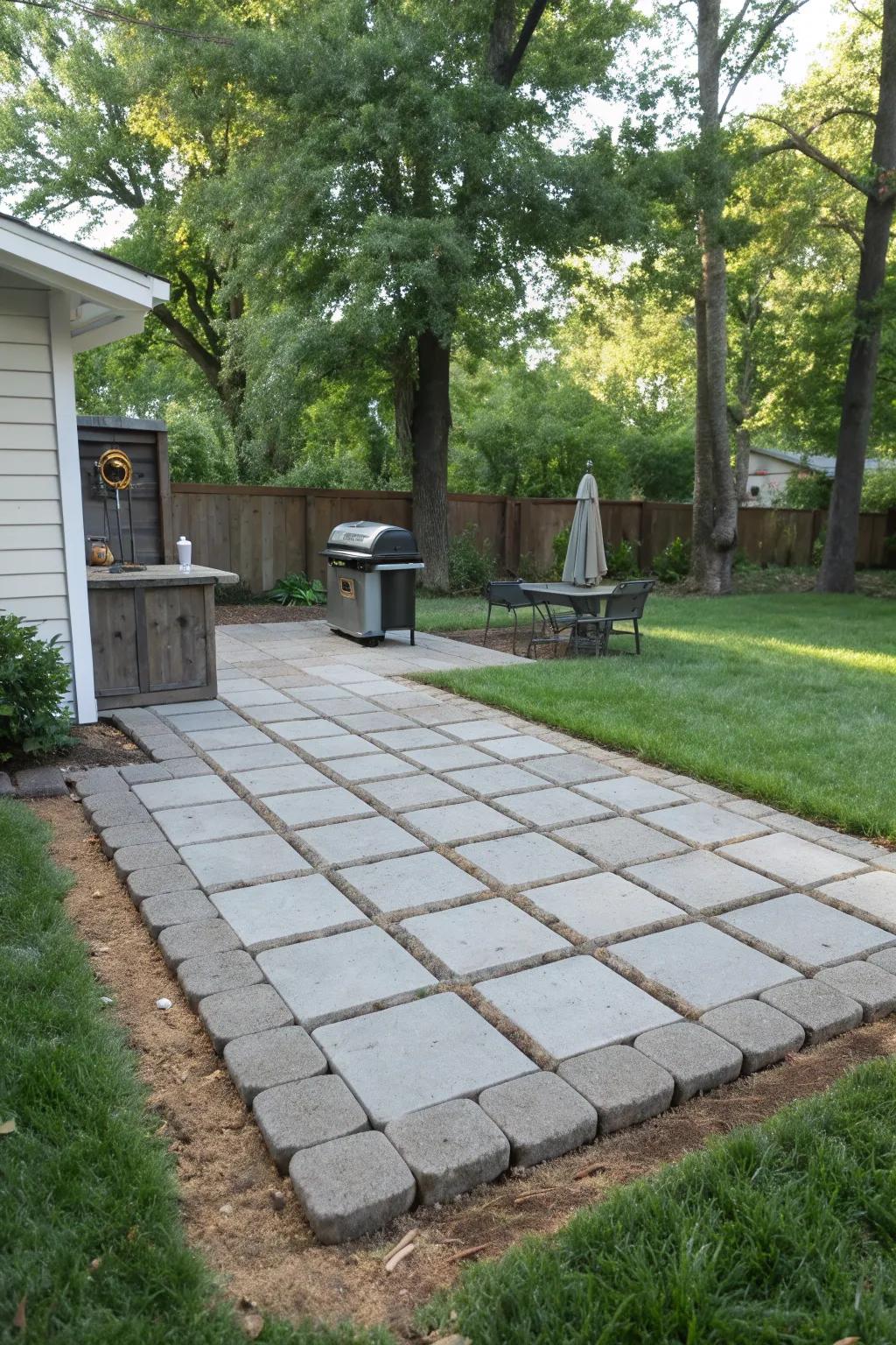 A classic paver layout offers a durable and stylish grill base.