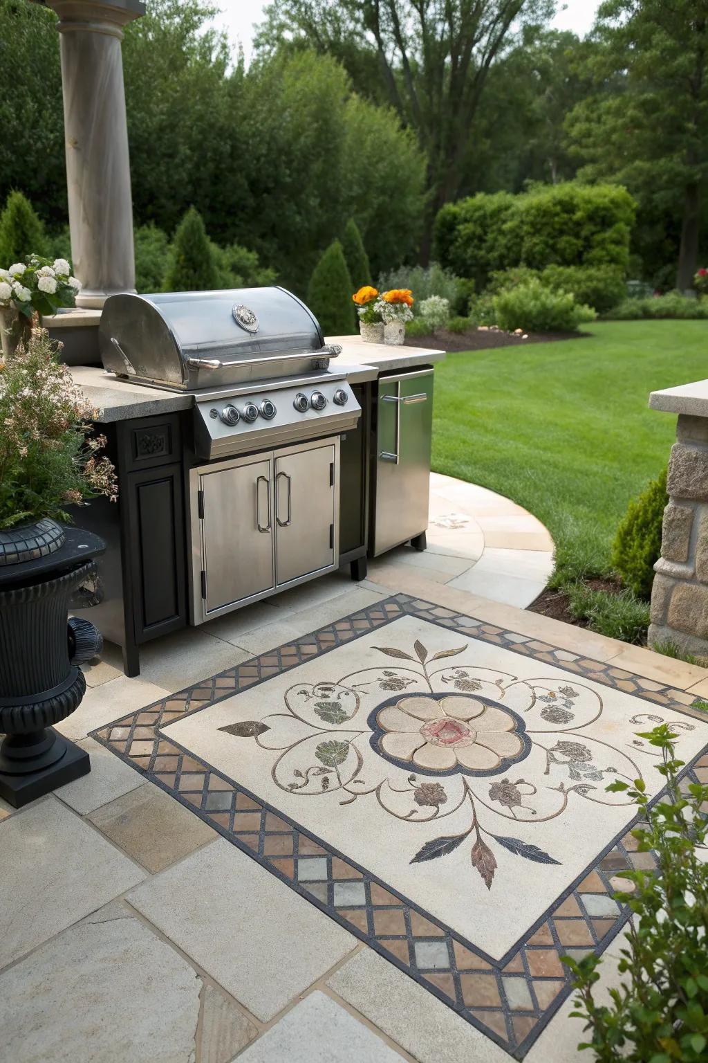 Artistic stone inlays create a captivating and personalized look.