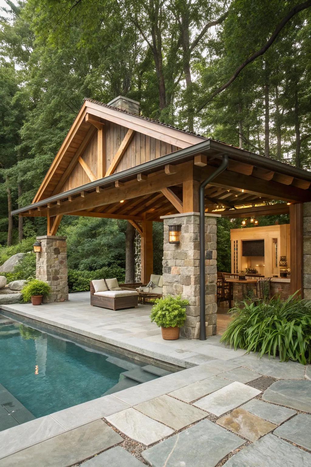 Natural elements create a tranquil and inviting cabana atmosphere.