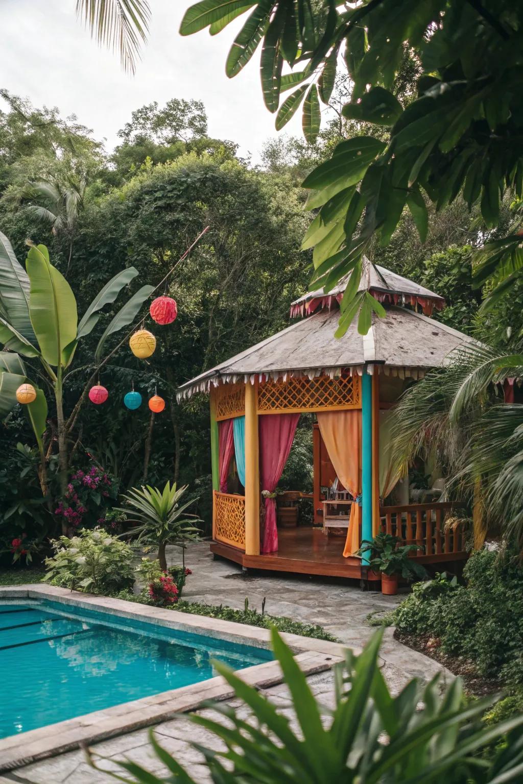 Transform your cabana into a tropical getaway with vibrant decor.