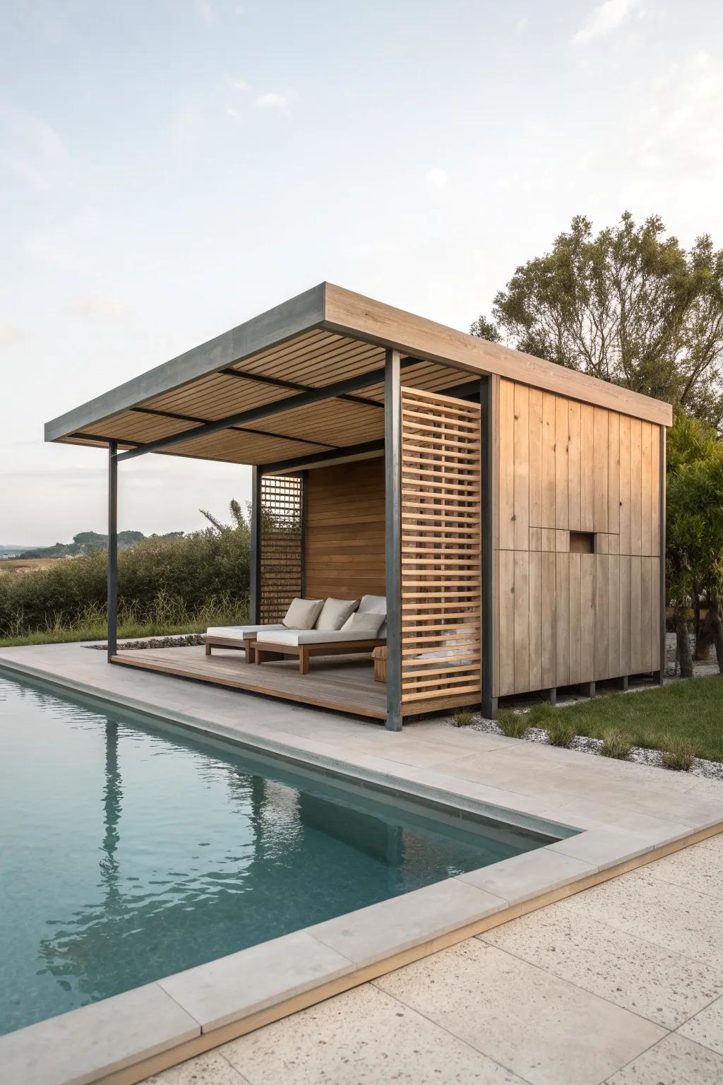 A minimalist pool cabana brings a modern touch to your backyard.