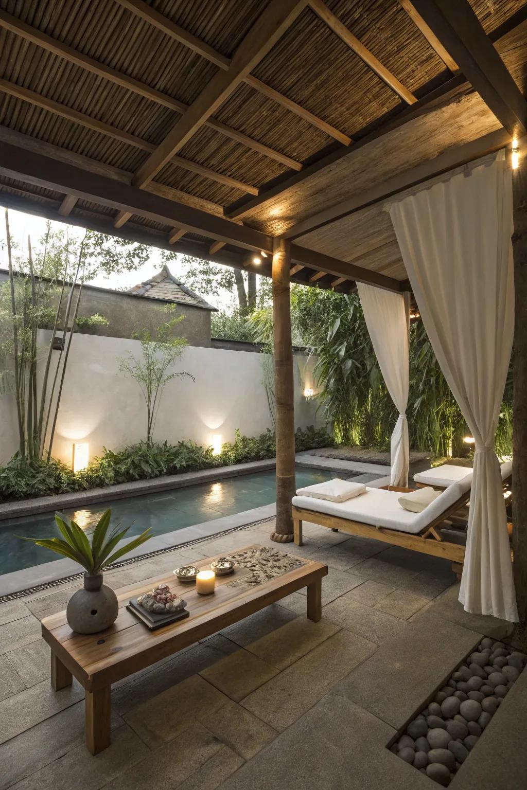 A Zen-inspired cabana offers a peaceful escape from the everyday.