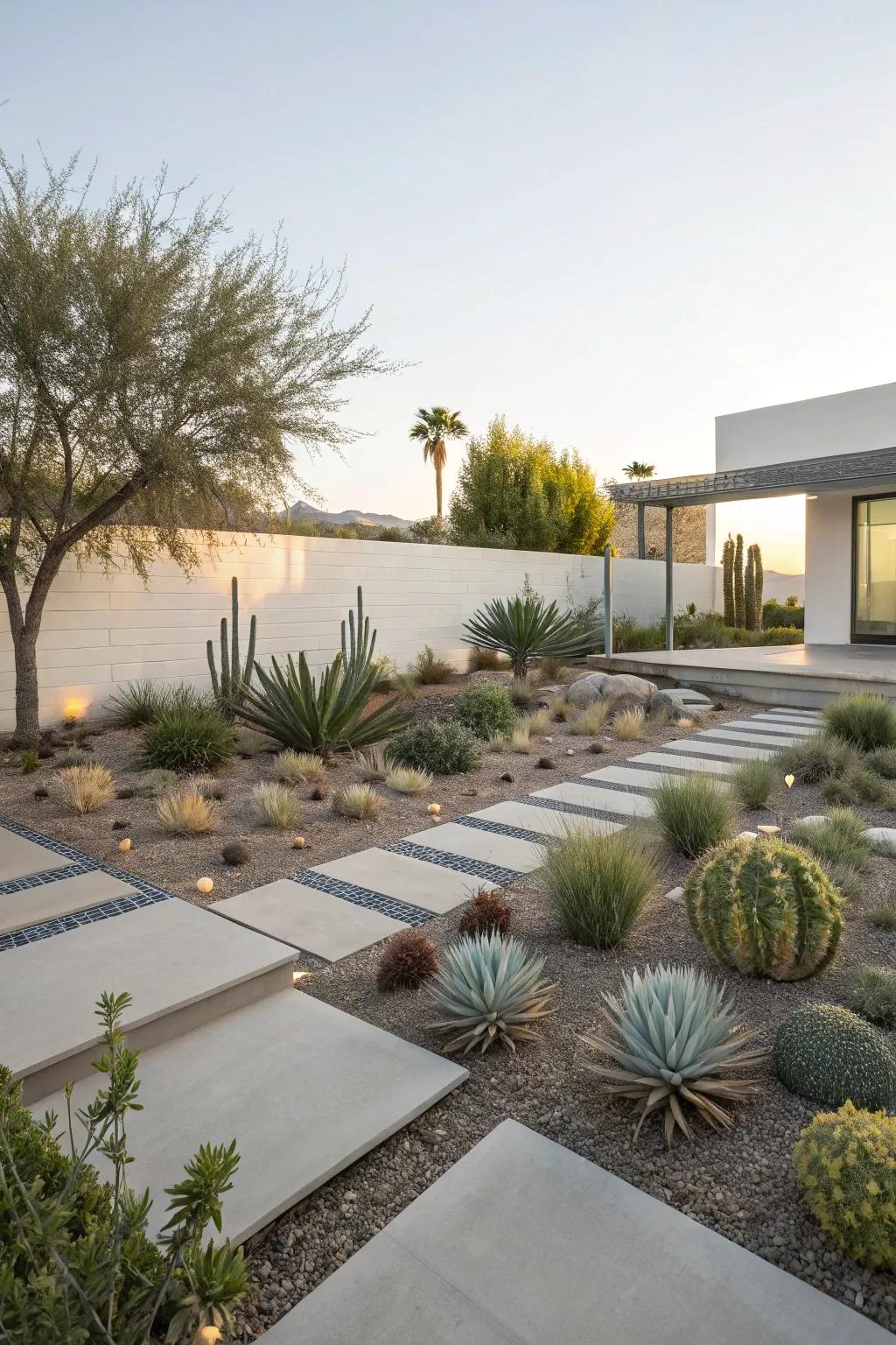 Modern minimalism in xeriscaping offers simplicity and sophistication.
