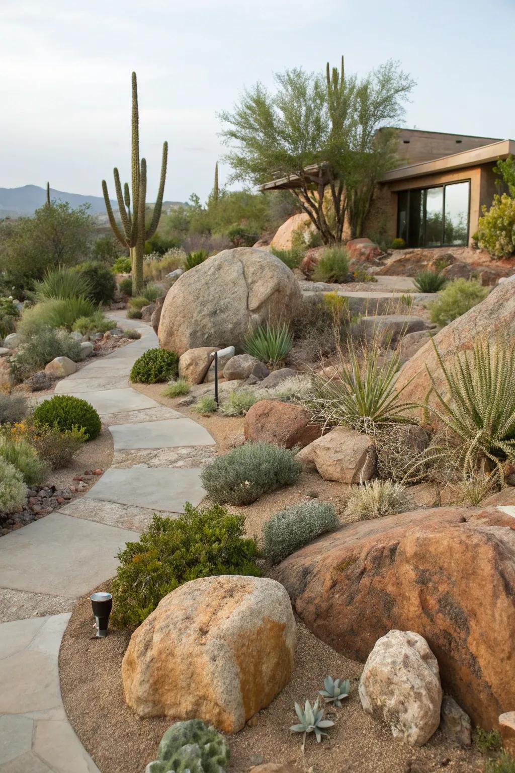 Stone elements bring a timeless elegance to xeriscaping.