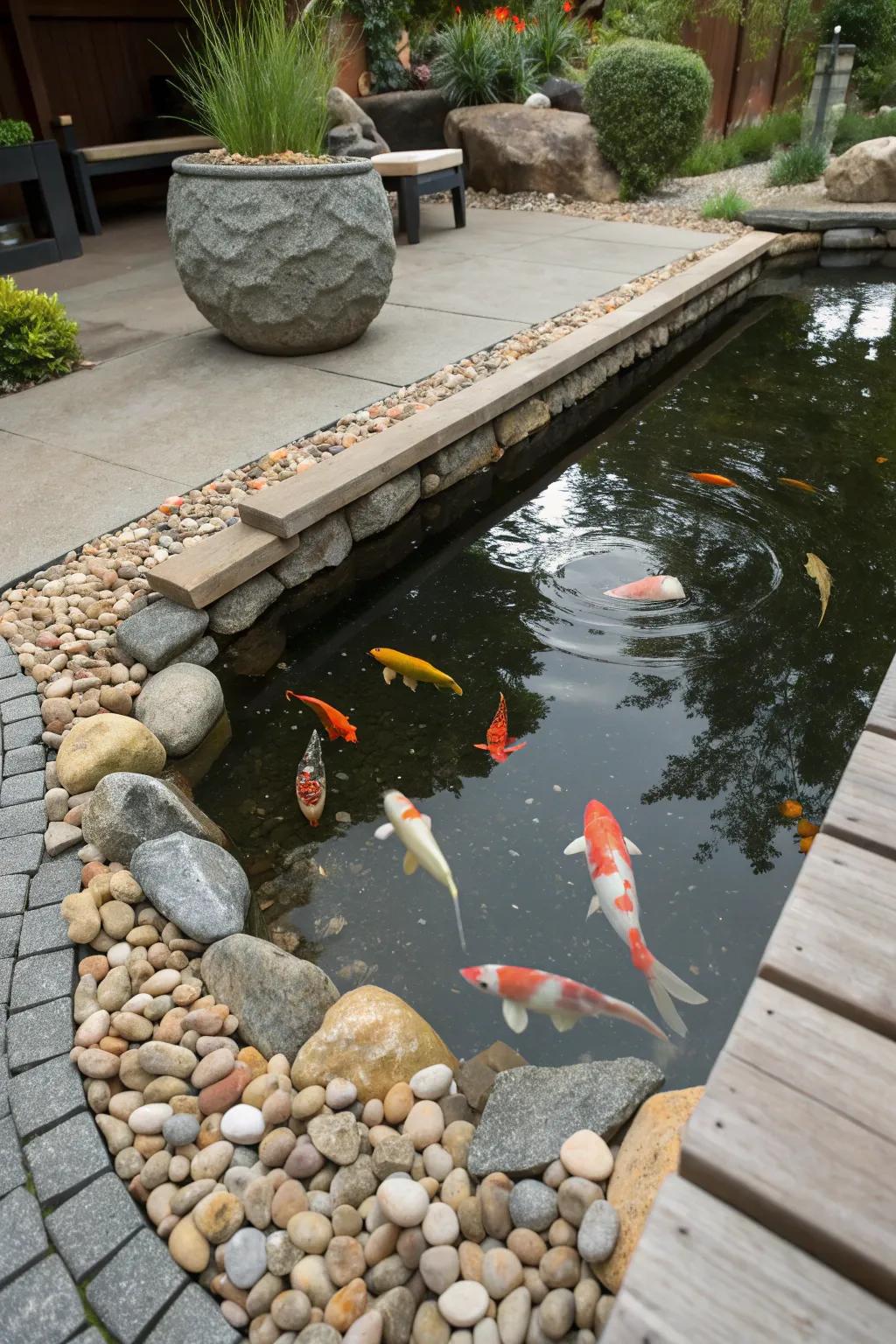Decorative borders enhance the neat appearance of the koi pond.