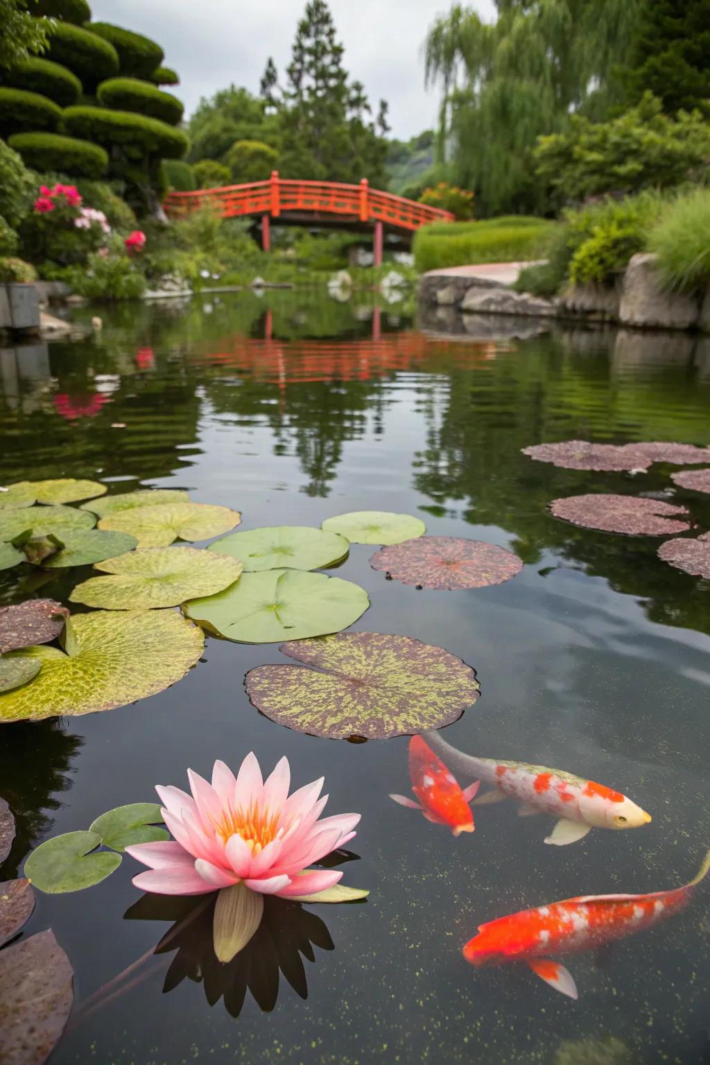 Floating lily pads add a magical touch to the koi pond's surface.