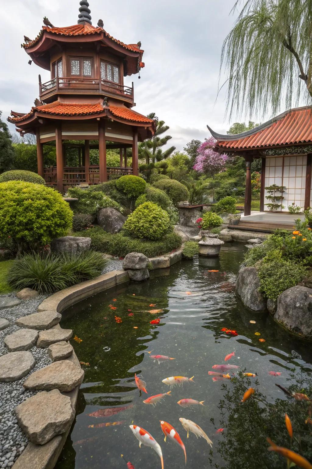 Pagodas and Asian elements bring a peaceful, zen-like quality to the pond.