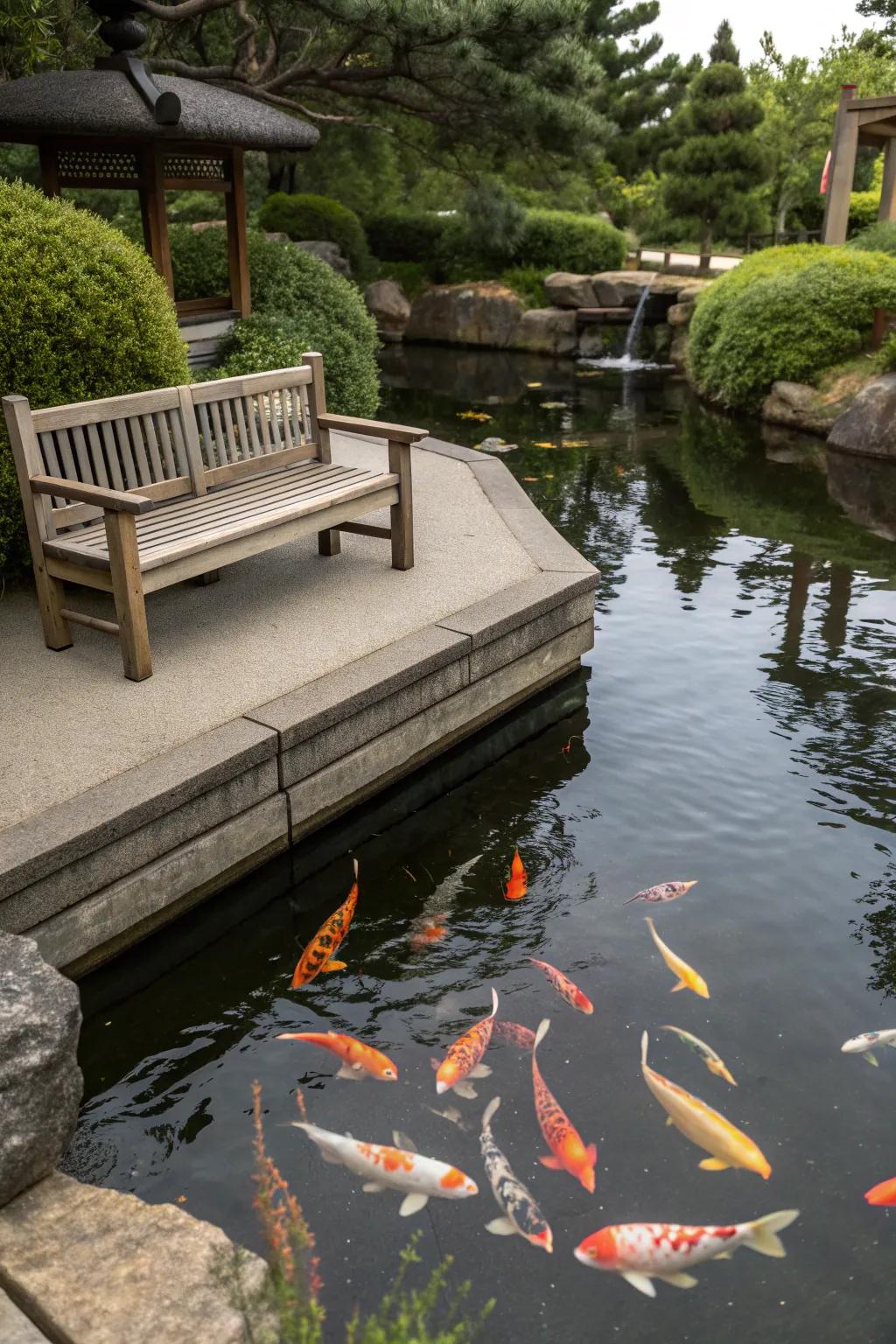 A cozy bench near the pond offers a perfect spot for relaxation.