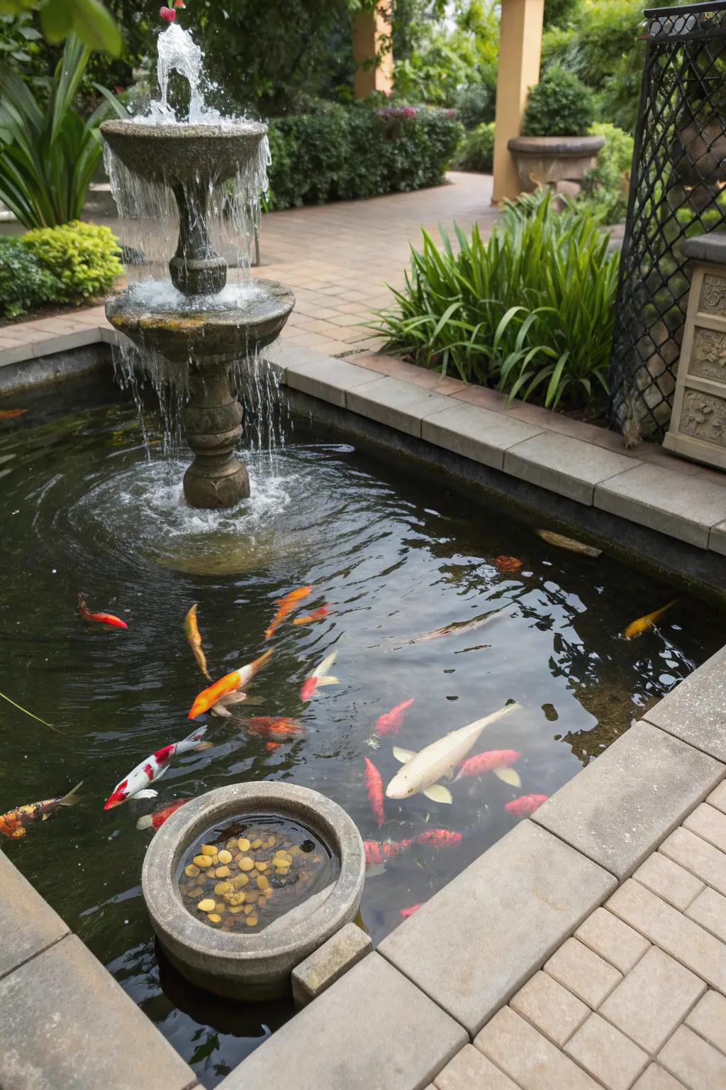 Integrated water features add liveliness and movement to the pond.