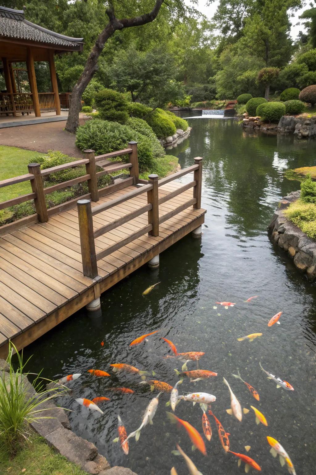A deck over the pond offers a fantastic spot for social gatherings.