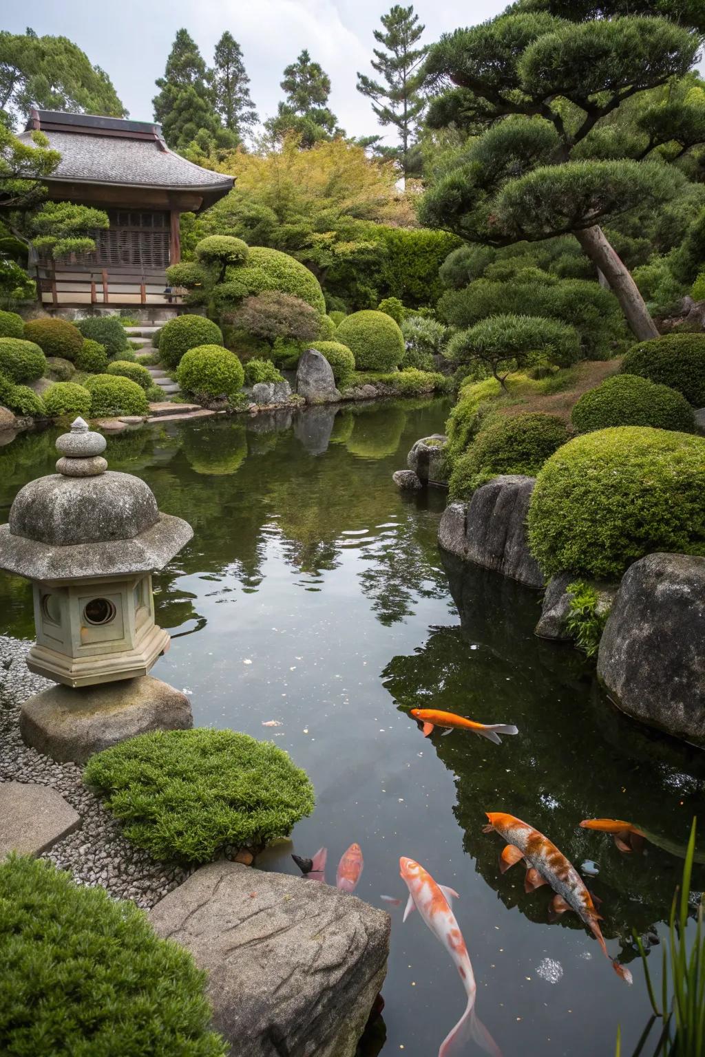 Japanese garden elements create a meditative and tranquil atmosphere.