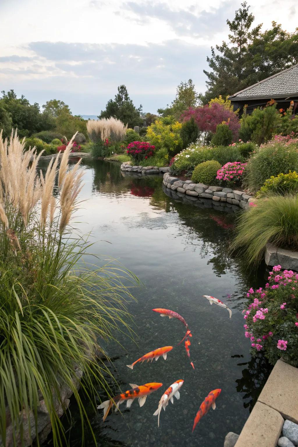 Ornamental grasses and flowering plants add vibrancy to this koi pond.