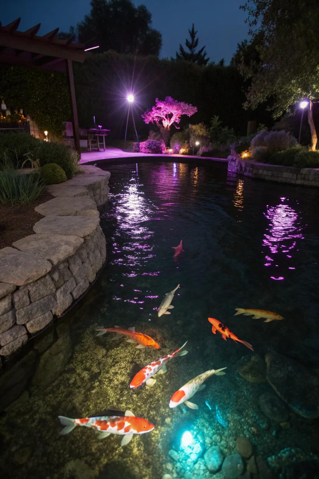 Modern lighting transforms the pond into a nighttime spectacle.